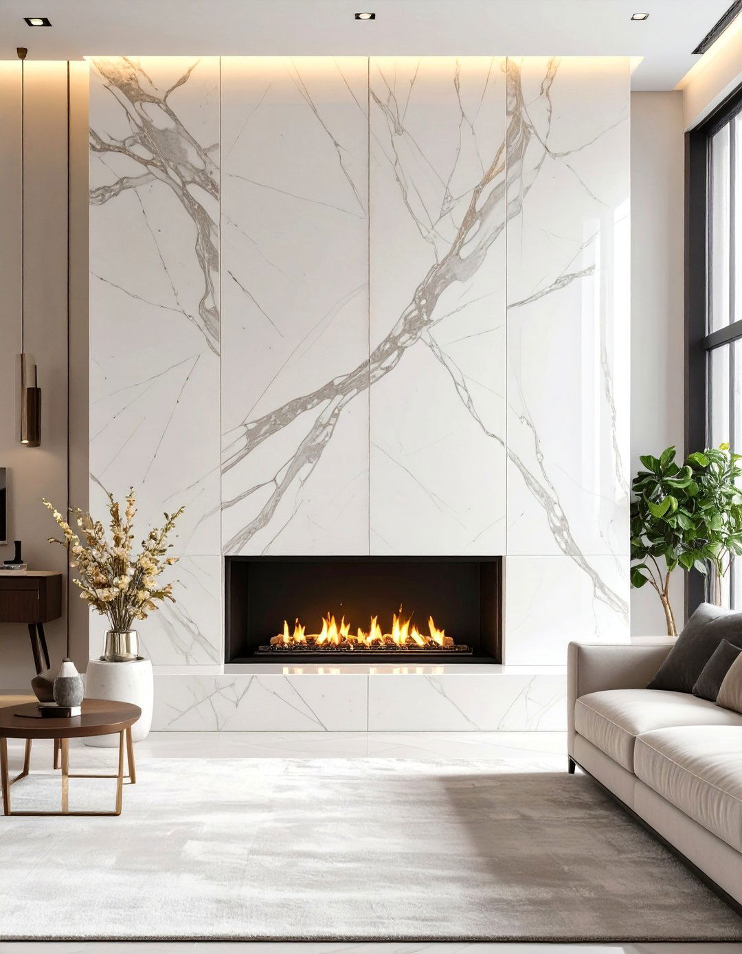 Bookmatched Marble or Stone Slabs - 30 modern fireplace accent wall ideas