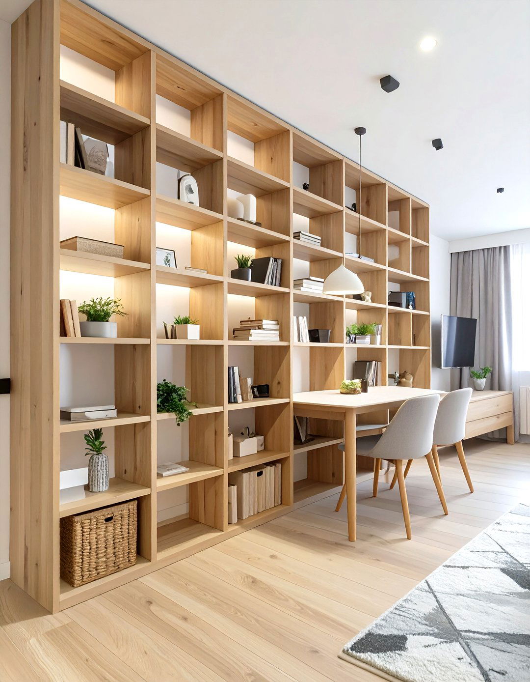 Bookshelf Divider with an Integrated Dining Nook - 30 small living room ideas with tv and dining table