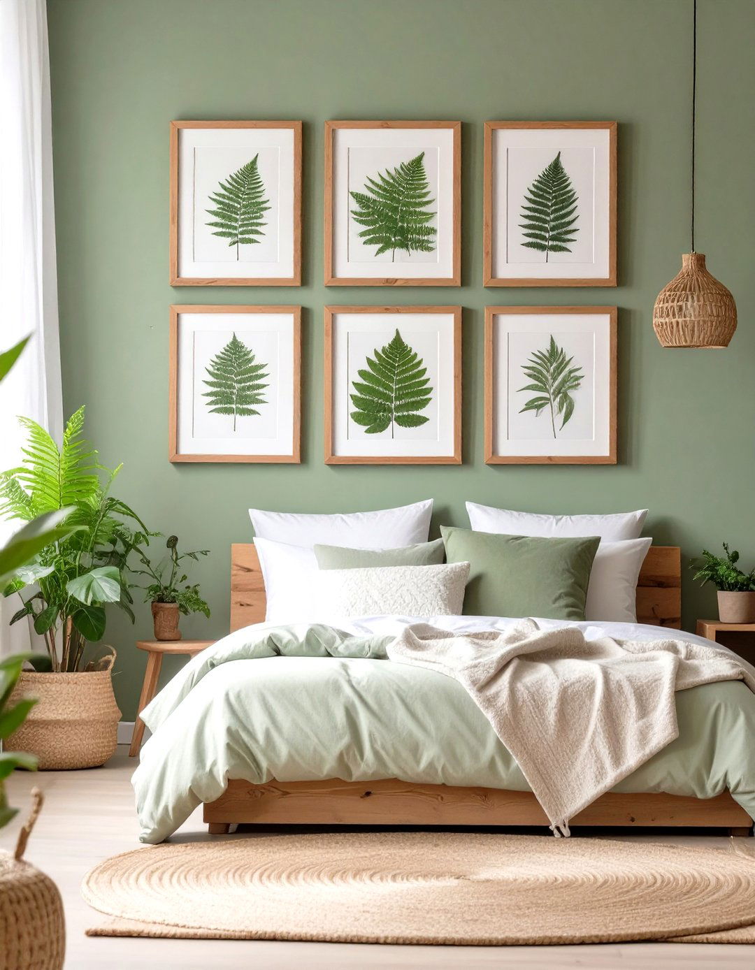 Botanical Prints and Sage Green Walls - 30 rustic sage green bedroom ideas