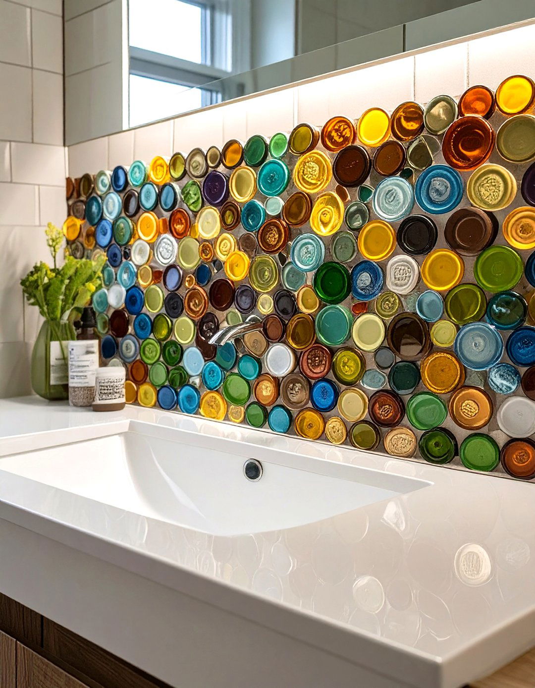 Bottle Cap Mosaic Bathroom Backsplash - 30 cheap bathroom backsplash ideas
