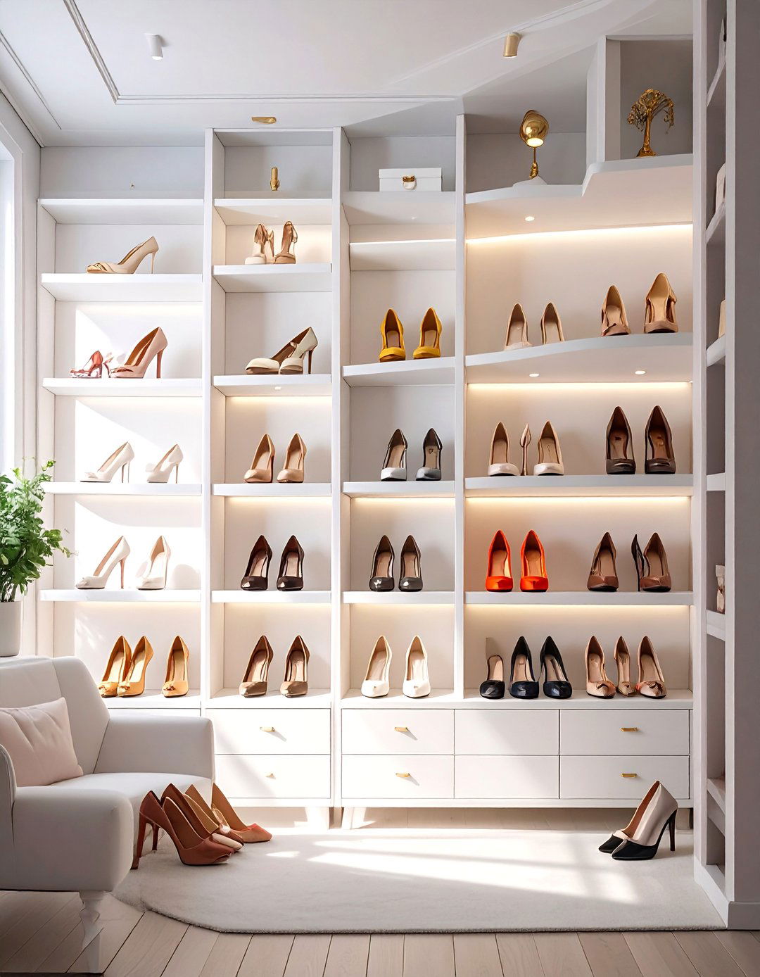 Boutique Style Shoe Wall with Spotlights - 30 shoe closet ideas