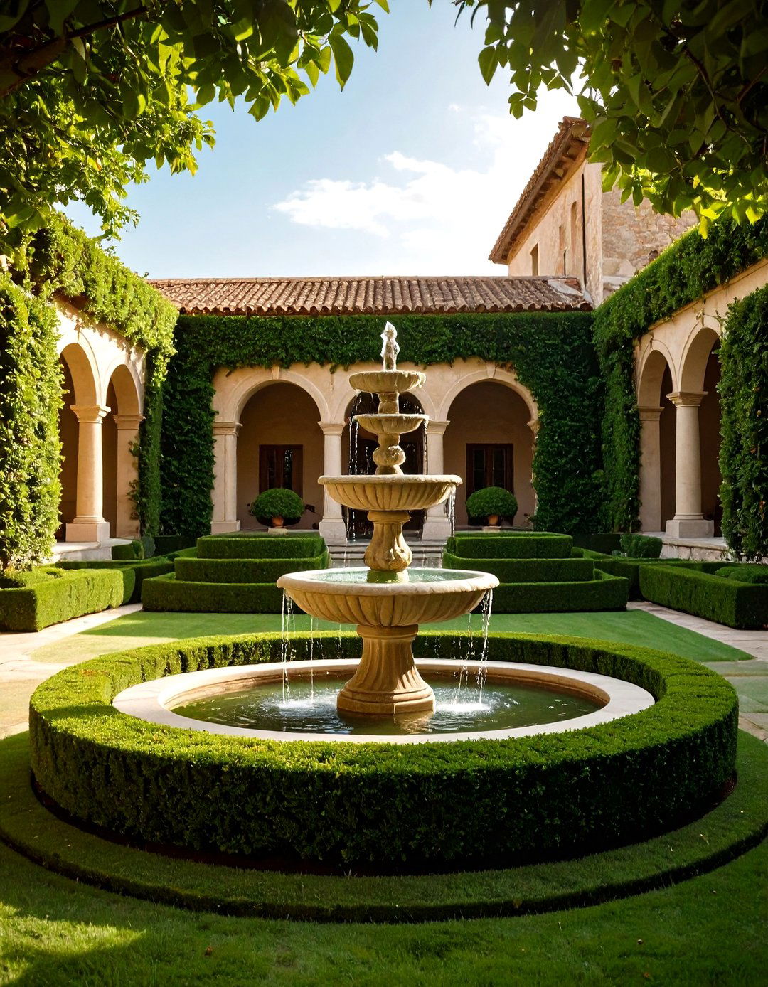 Boxwood Framing a Central Fountain - 30 front yard boxwood designs