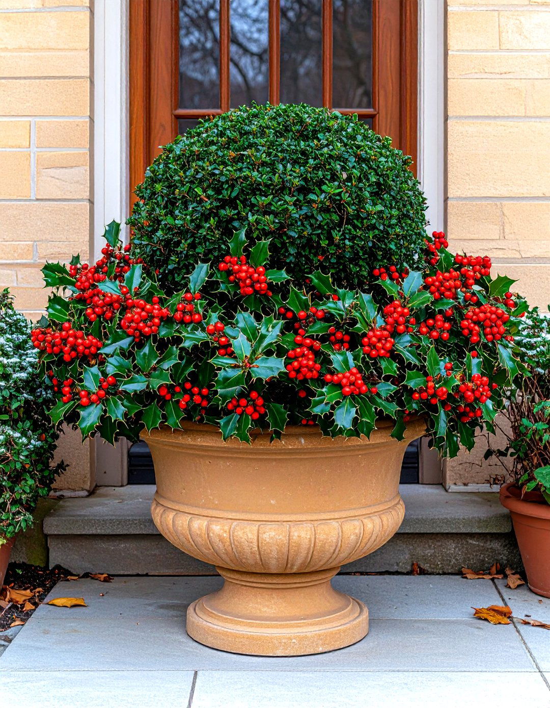 Boxwood and Holly Winter Planter - 30 outdoor winter planter ideas