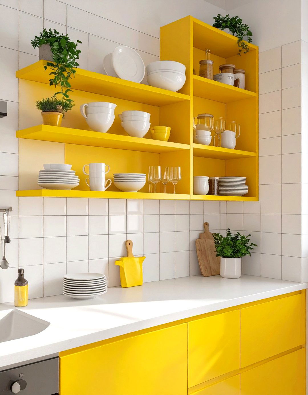 Bright Yellow Open Shelving - 30 yellow kitchen ideas