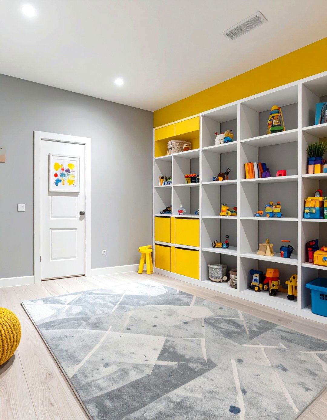 Bright Yellow and Gray Playroom - 30 modern basement color ideas decorating
