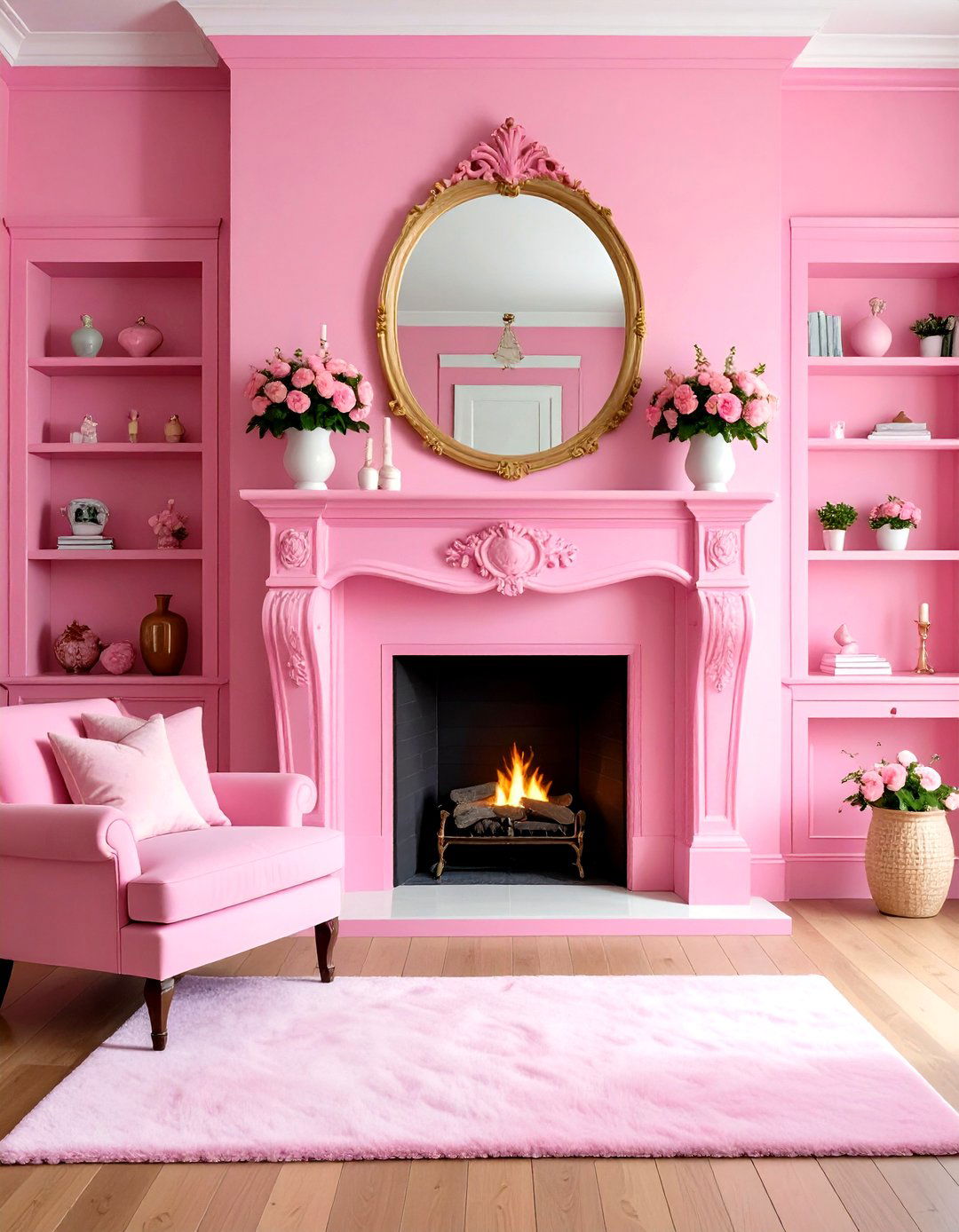 Bubblegum Pink Painted Fireplace - 30 pink living room ideas