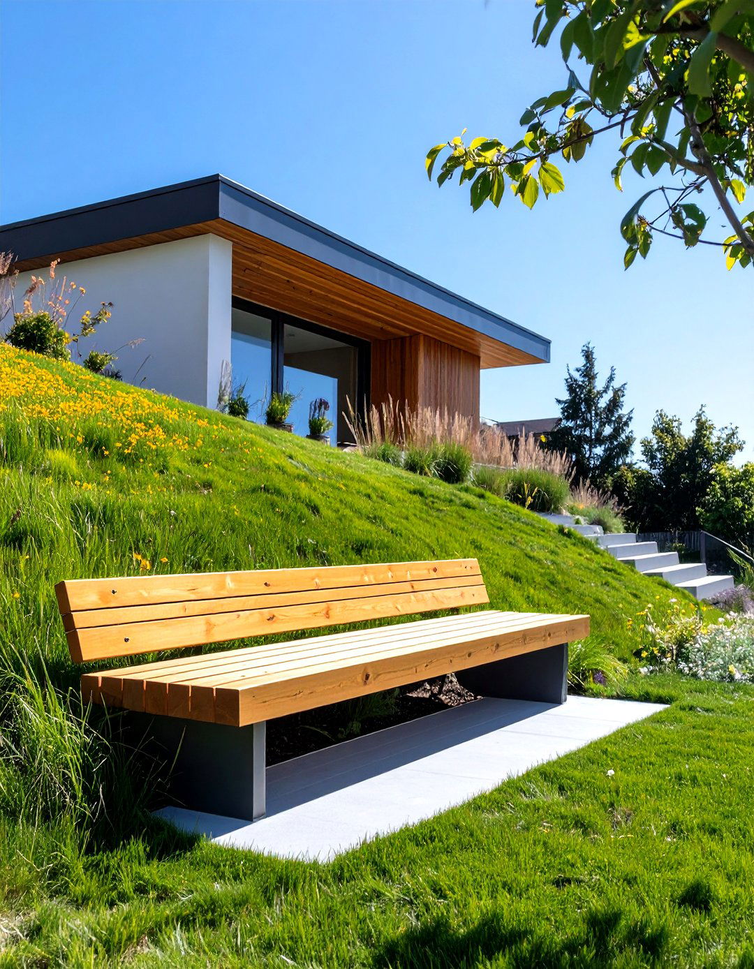 Build Simple Wooden Benches into the Hillside - 30 sloped backyard ideas on a budget