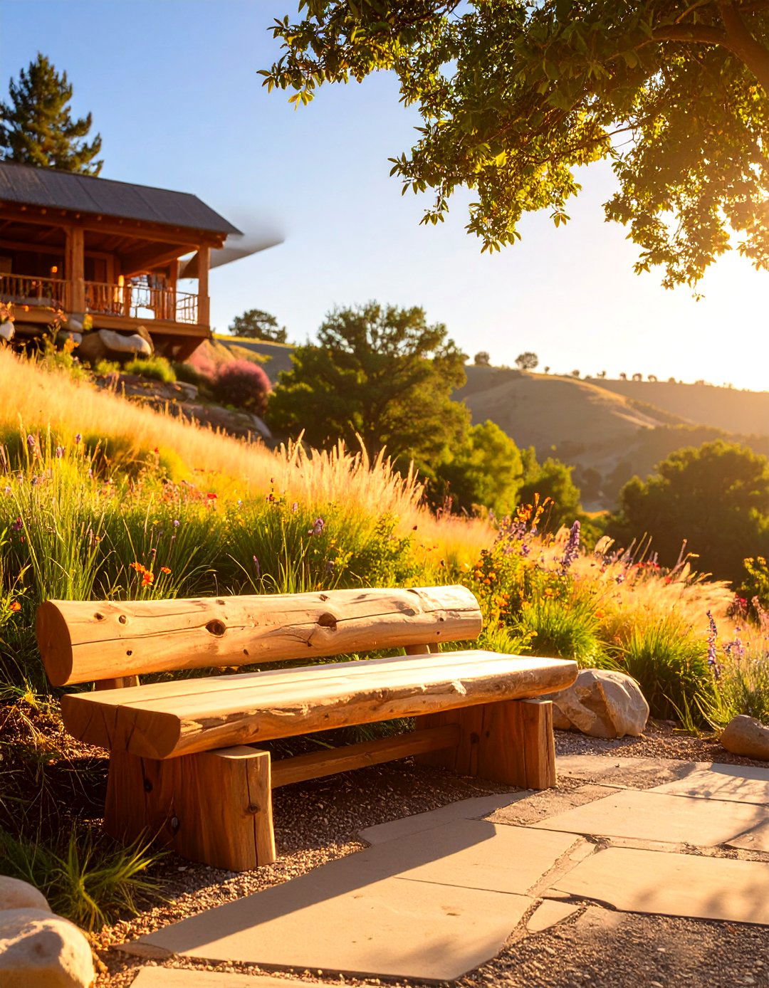 Build a Simple Seating Area with Log Benches - 30 sloped backyard ideas on a budget