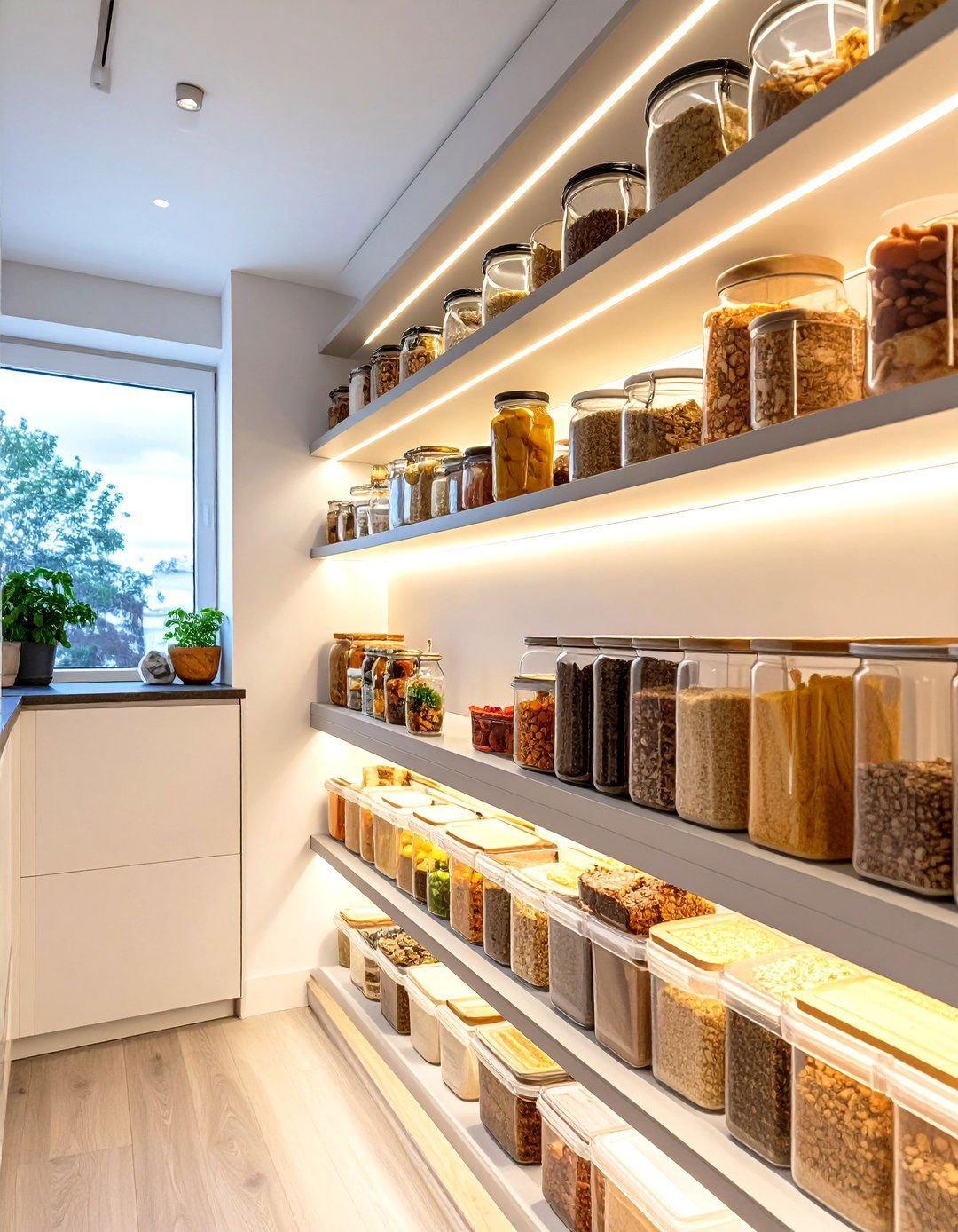 Built In LED Strip Lighting - 30 small walk-in pantry ideas