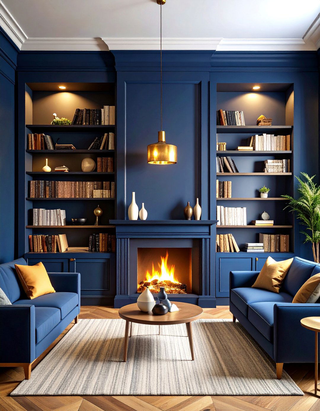 Built In Living Room Shelves with Library Lights - 30 living room wall shelf decor ideas