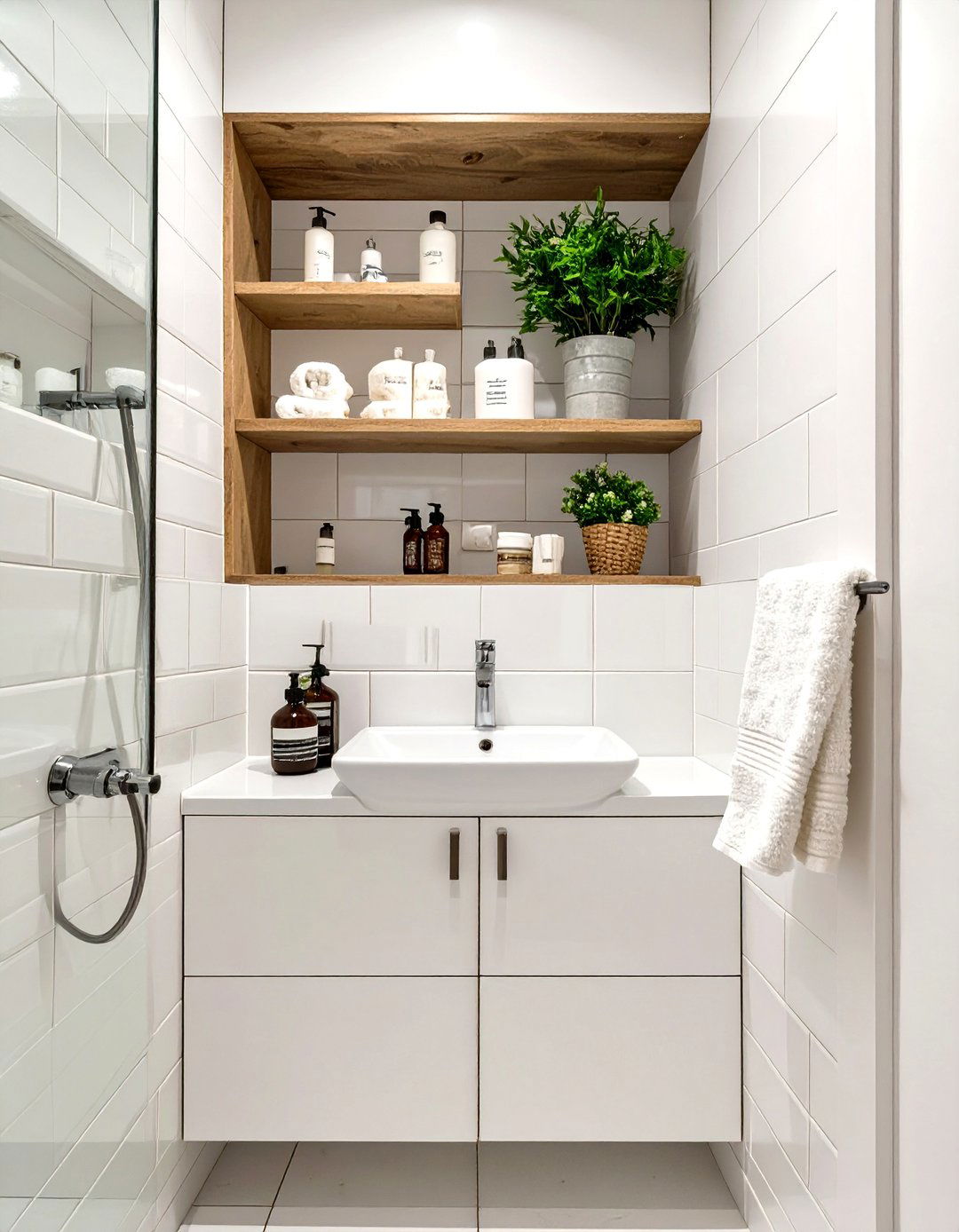 Built In White Shelving Nooks - 30 small white bathroom ideas