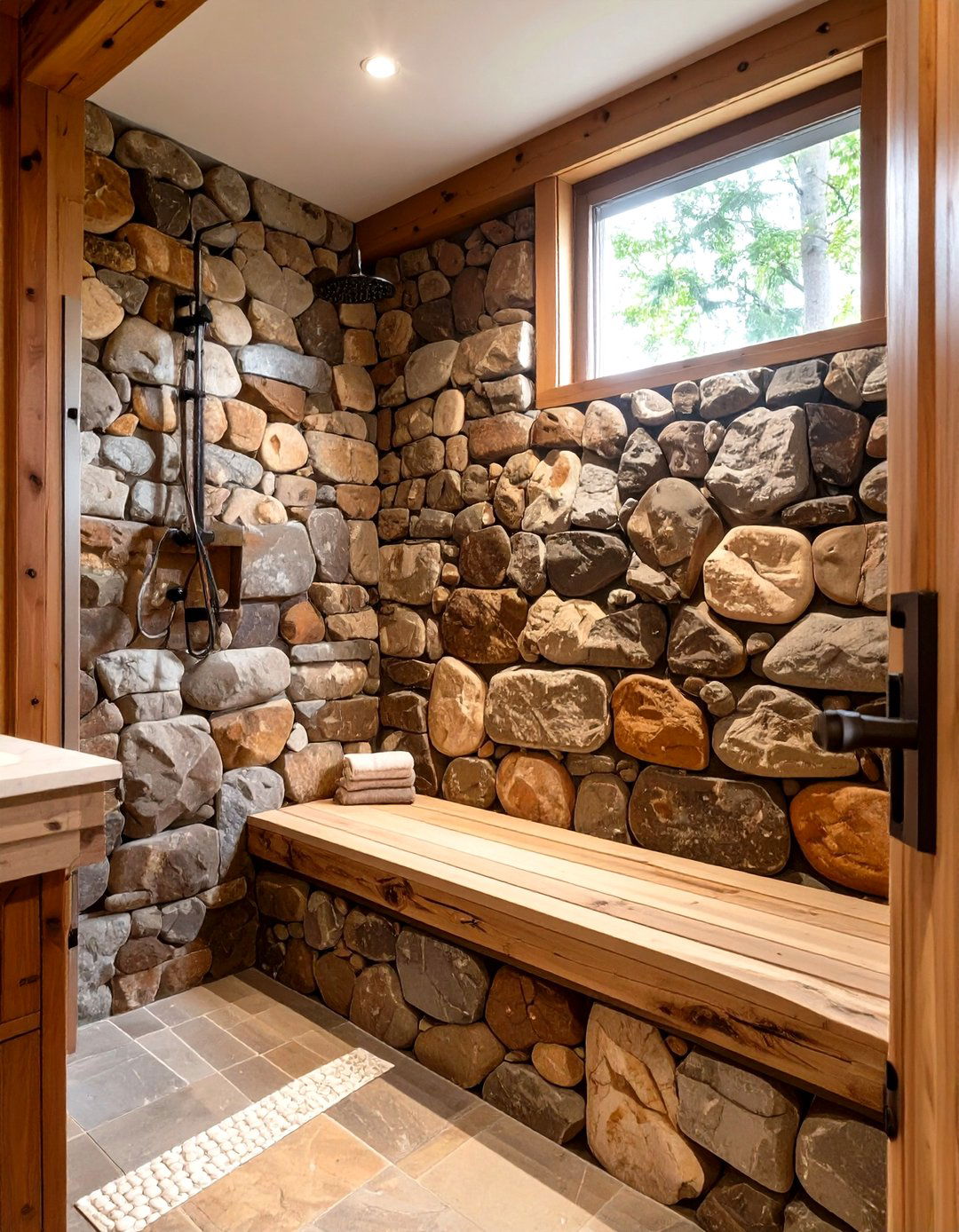 Built in Stone Bench Rustic Shower - 30 rustic shower ideas