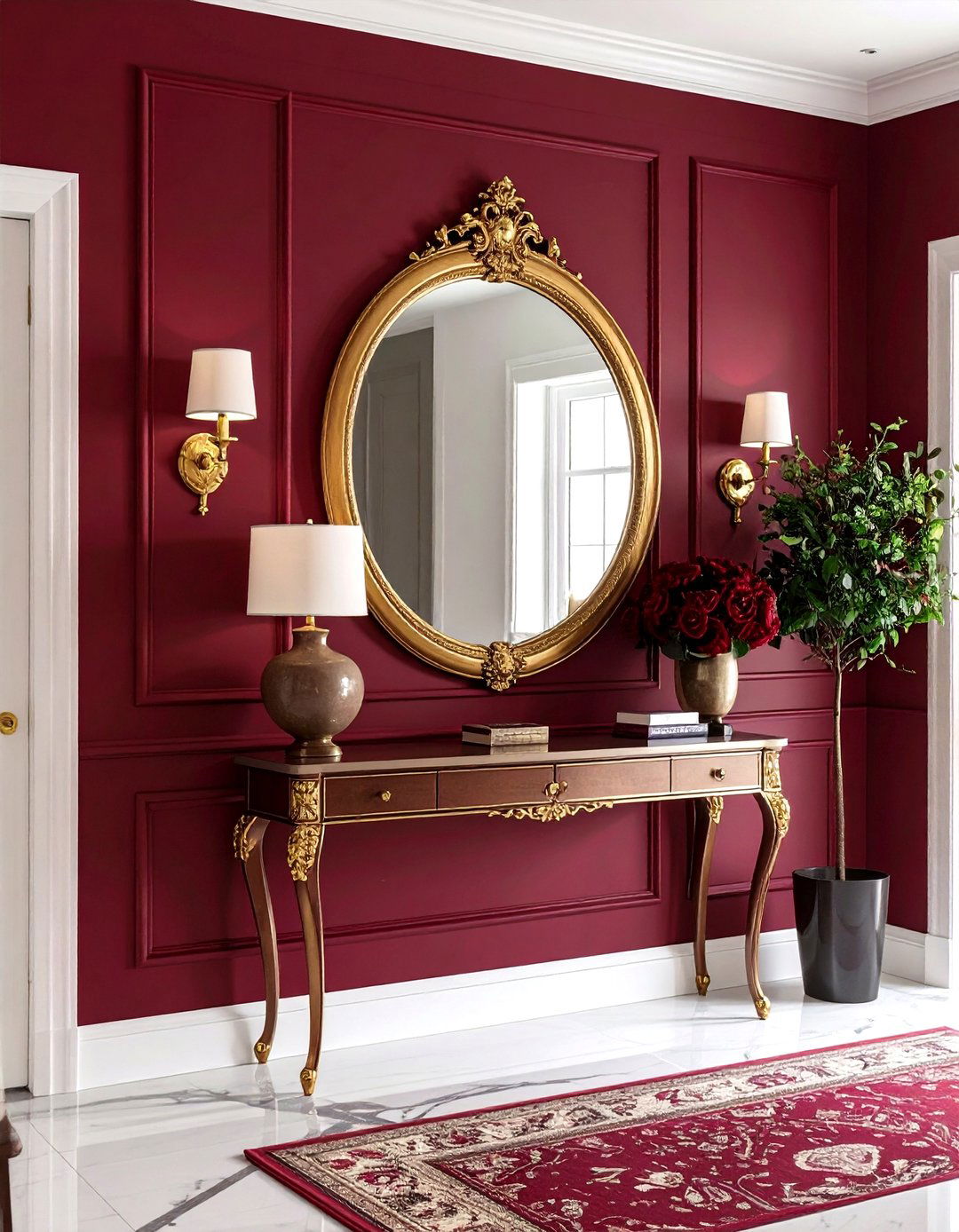 Burgundy Accent Wall in an Elegant Foyer - 30 accent wall color ideas