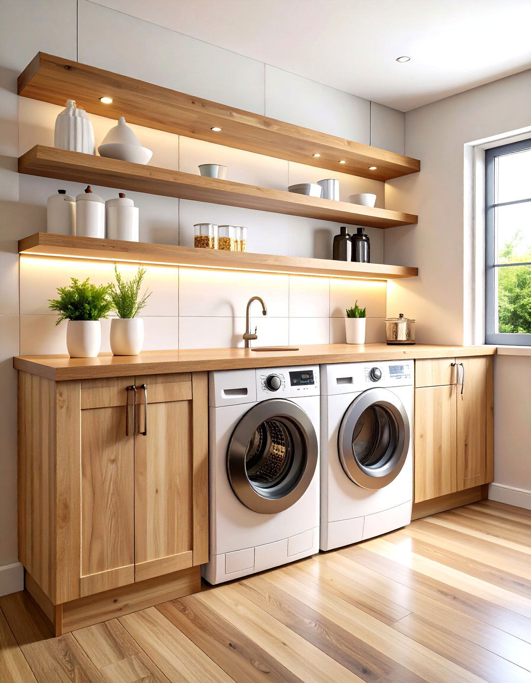 Butcher Block Countertop with Shelves Above - 30 laundry shelf ideas
