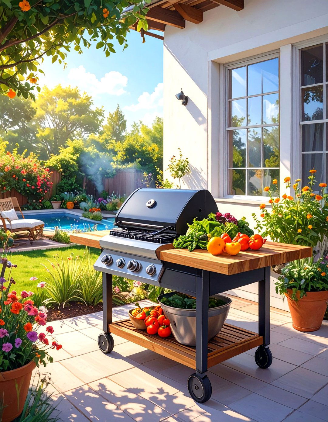Butcher Block Top Rolling Kitchen Cart - 30 small patio grill ideas