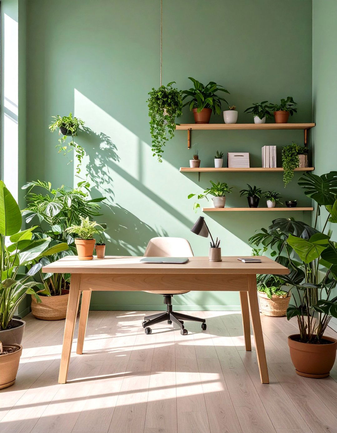 Calming Sage Green and Oak Biophilic Office - 30 office color ideas