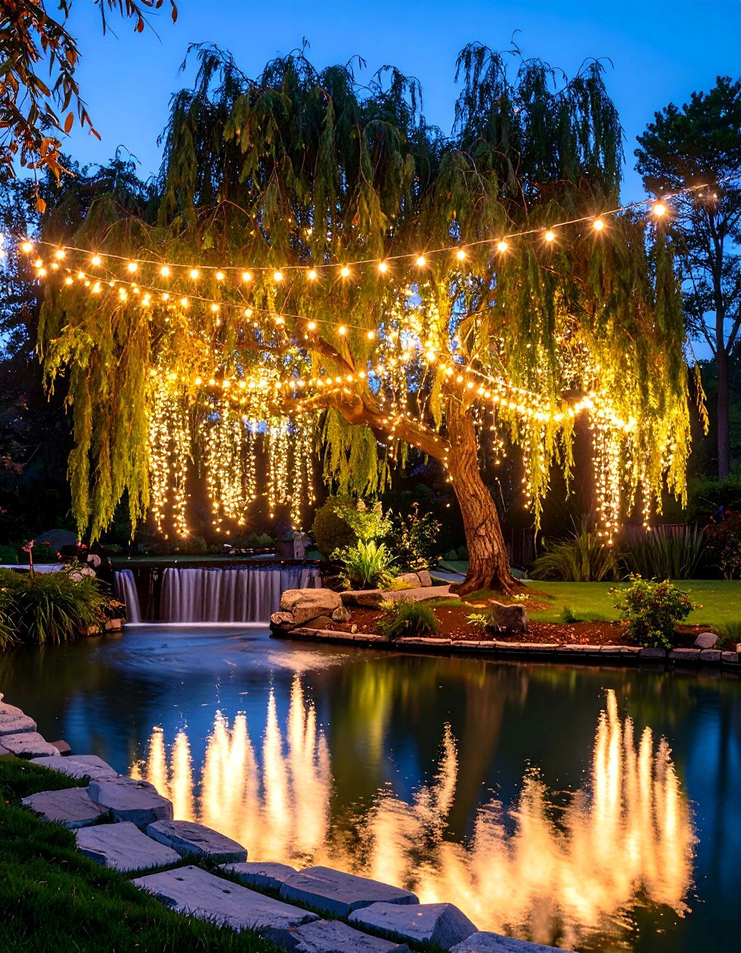 Cascading Waterfall Lights on Weeping Trees - 30 outdoor tree lighting ideas