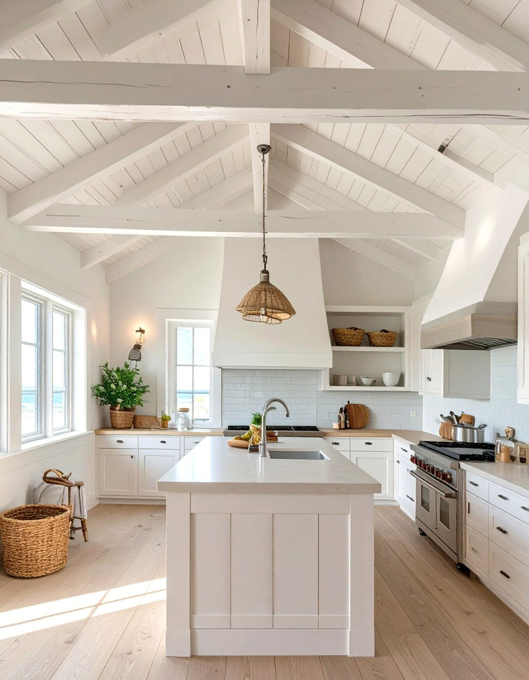 Ceiling Beams in a Light Finish - 30 seaside coastal kitchen design ideas