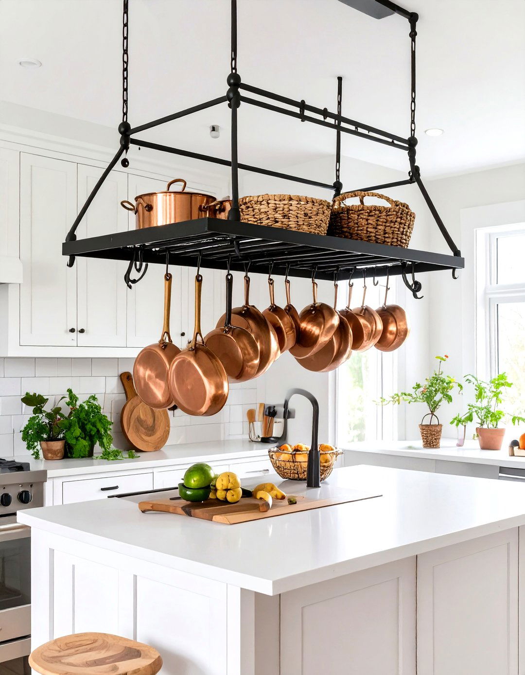 Ceiling Mounted Pot Rack with Shelf - 30 small kitchen small pantry ideas