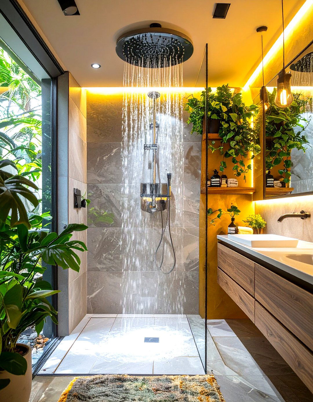 Ceiling Mounted Rainfall Showerhead - 30 small doorless walk in shower ideas