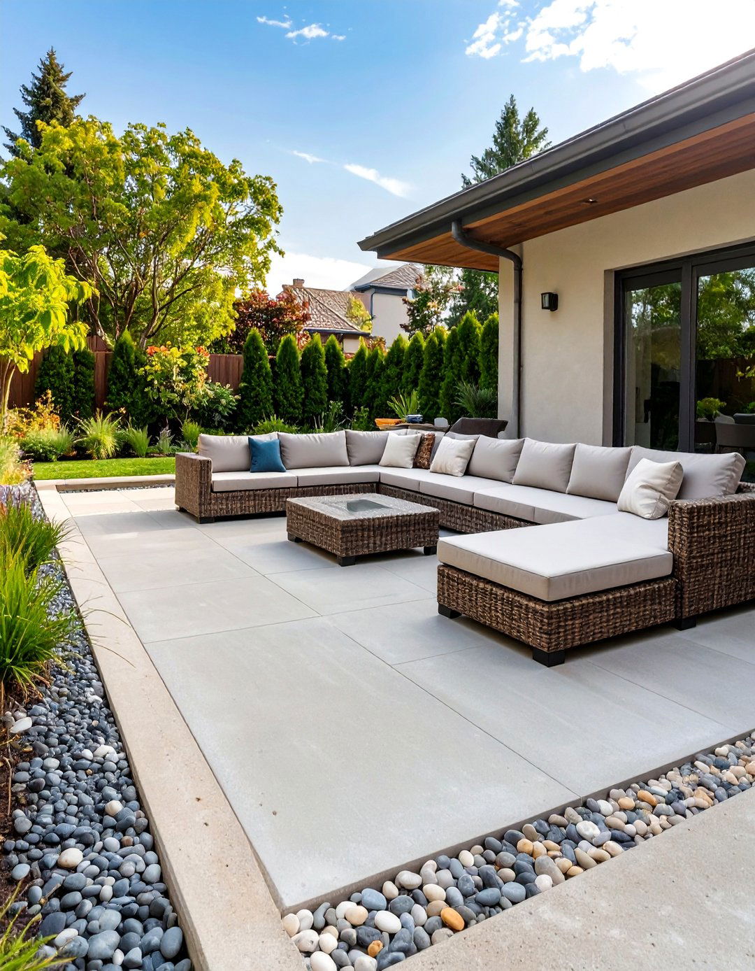 Cement Patio with a Pebble Mosaic Border - 30 cement patio ideas
