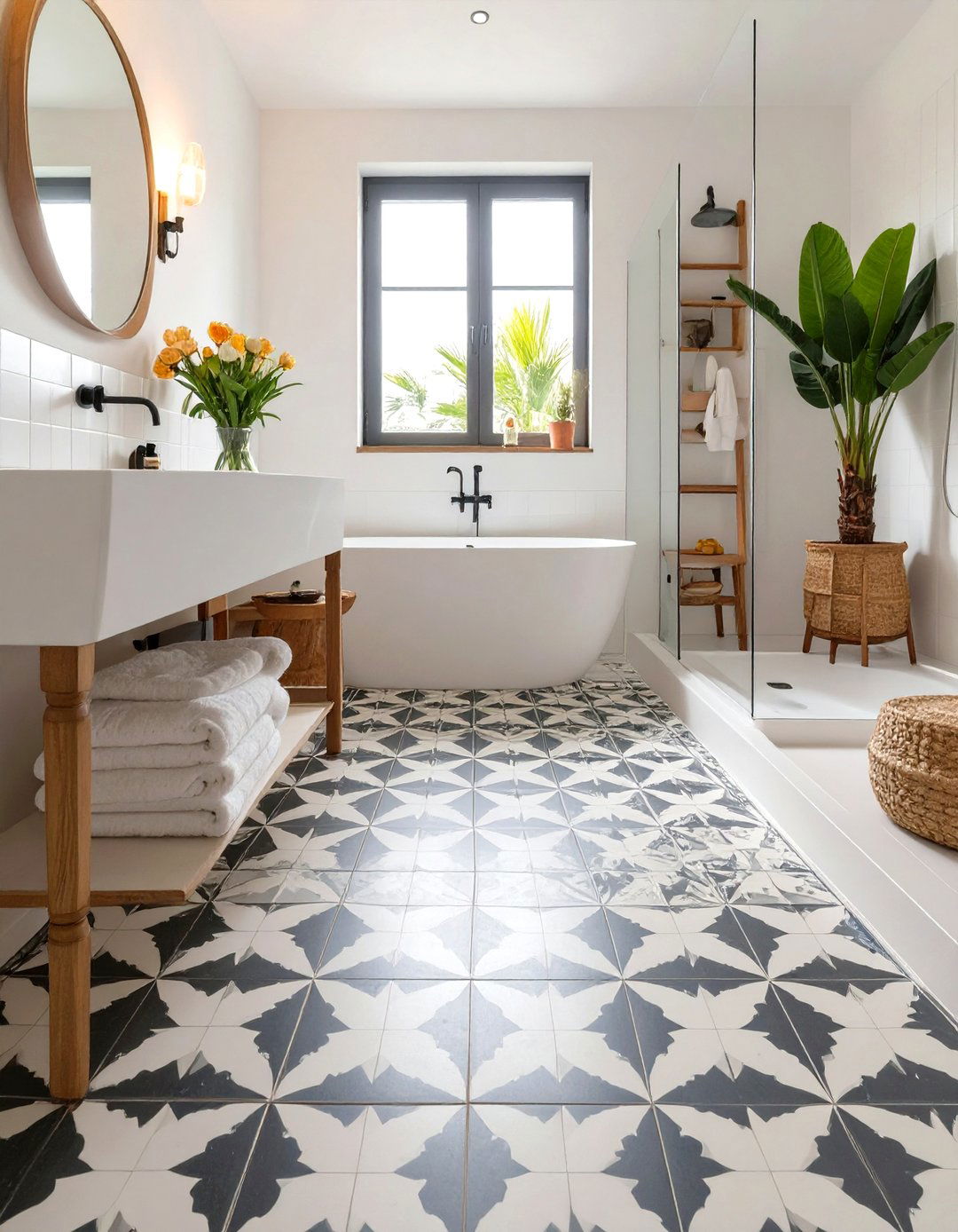 Cement Tiled Bathroom Floor with Encaustic Patterns - 30 tiled bathroom ideas