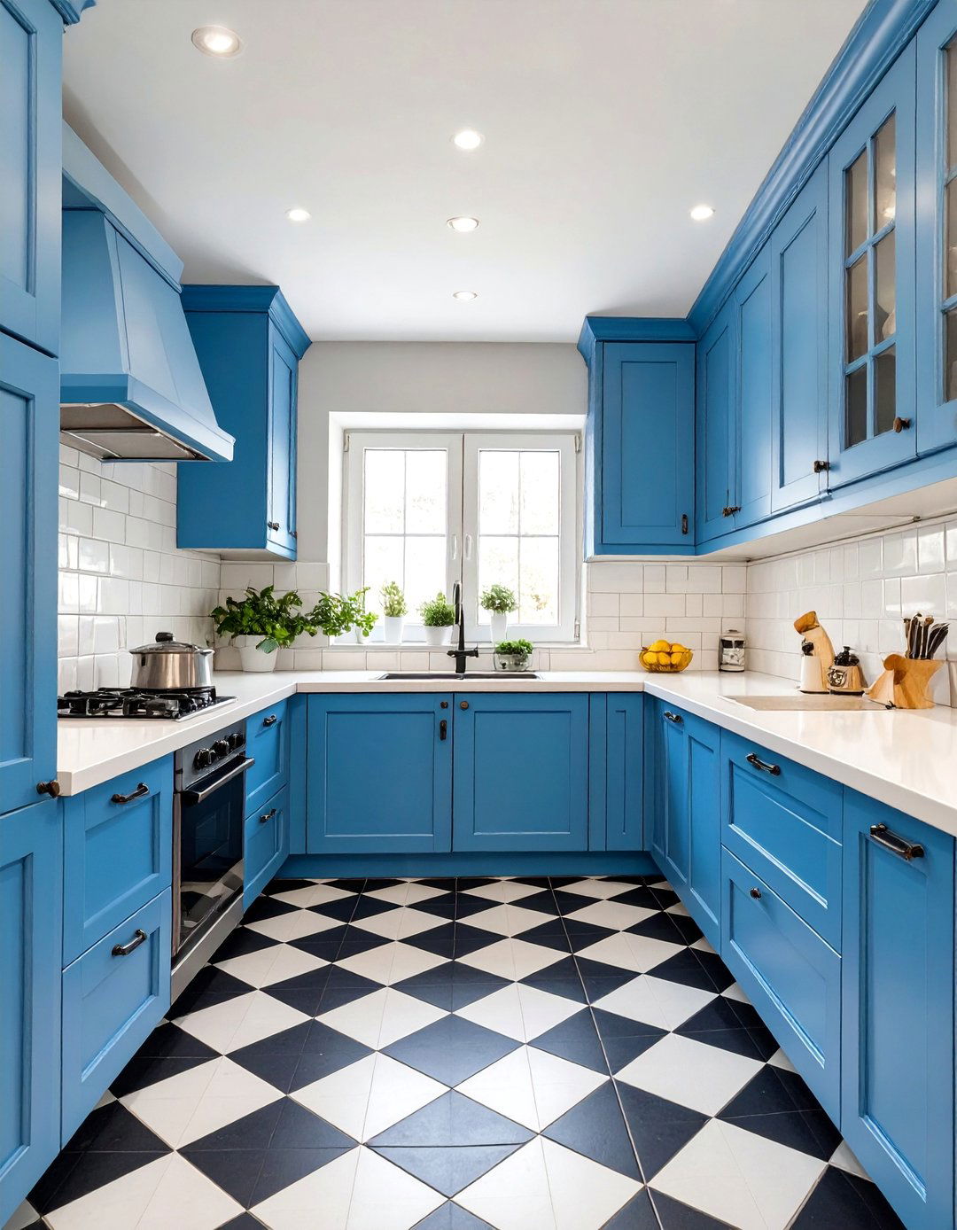 Cerulean Blue and White Checkered Kitchen - 30 blue kitchen ideas