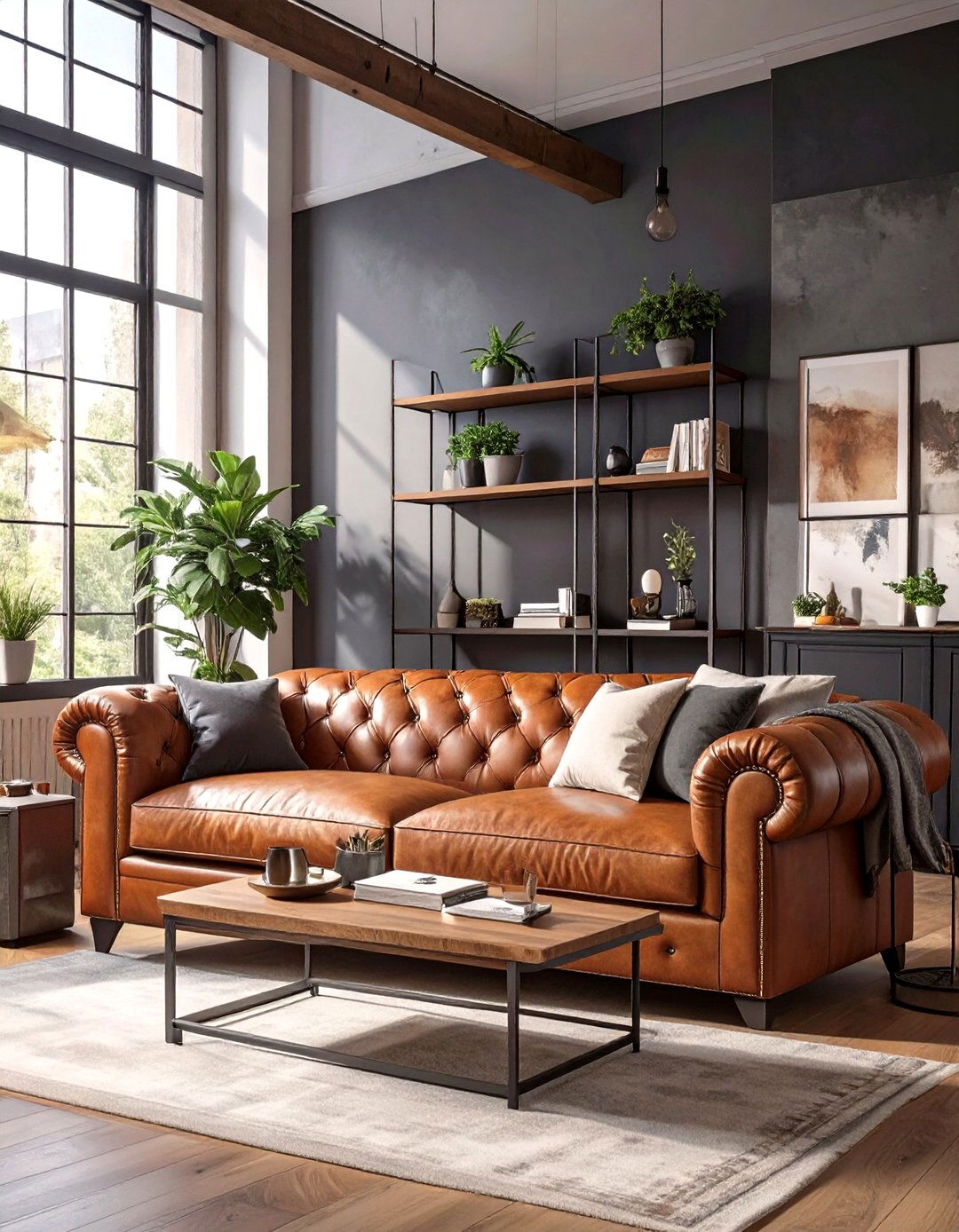 Charcoal and Cognac Leather Living Room - 30 neutral living room color ideas