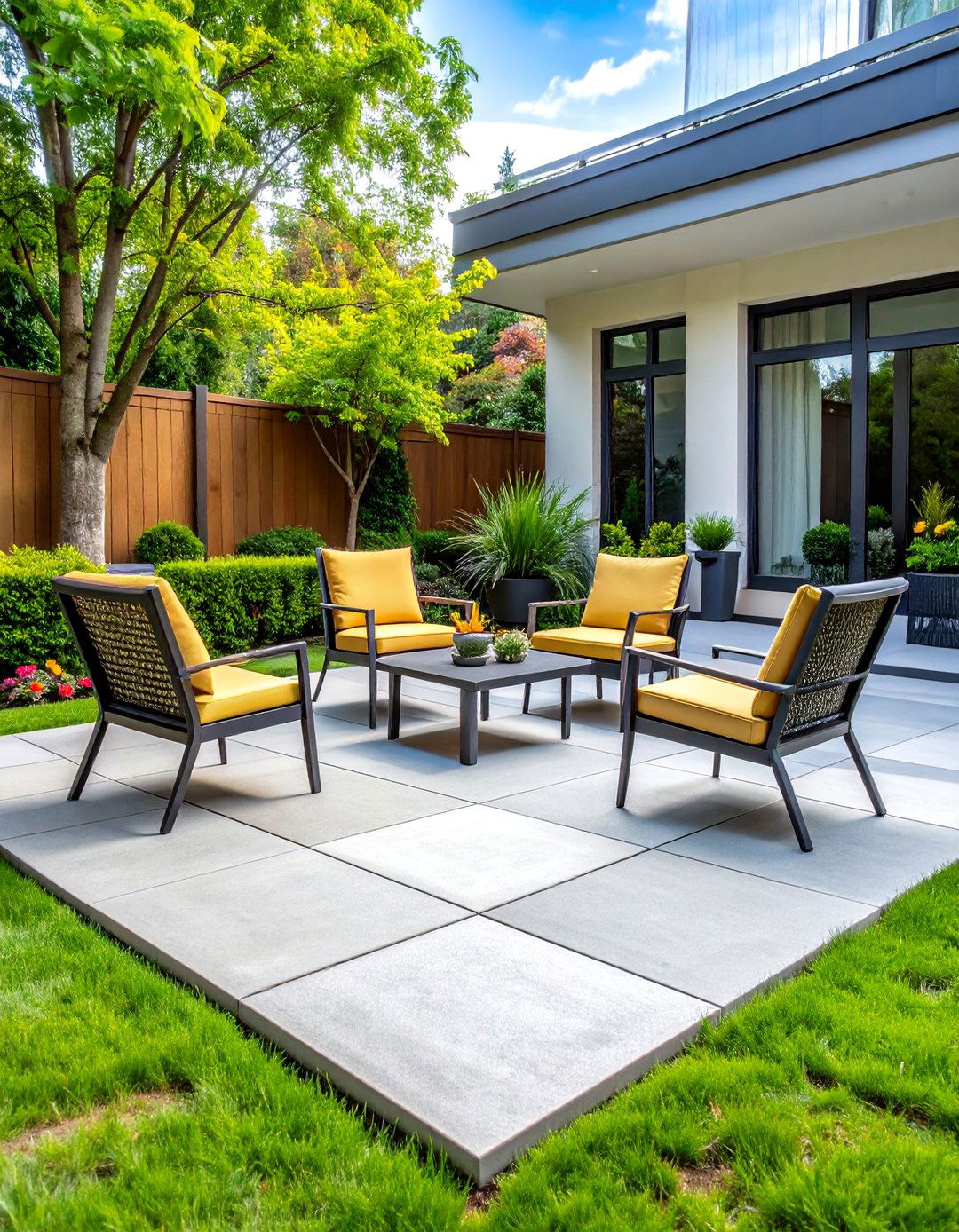 Checkerboard Concrete Patio with Grass - 30 backyard concrete patio ideas