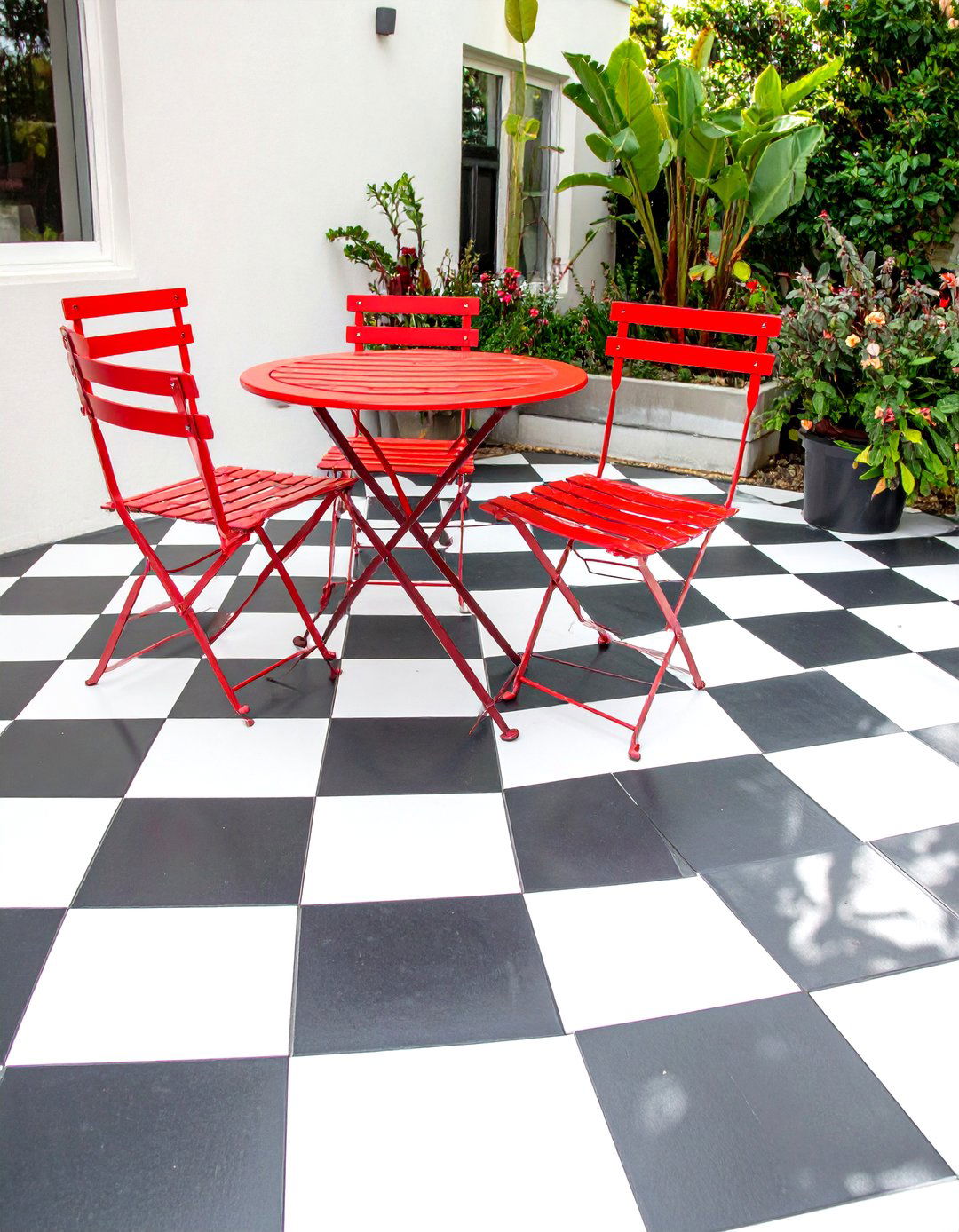 Checkerboard Painted Patio Floor - 30 concrete patio ideas on a budget