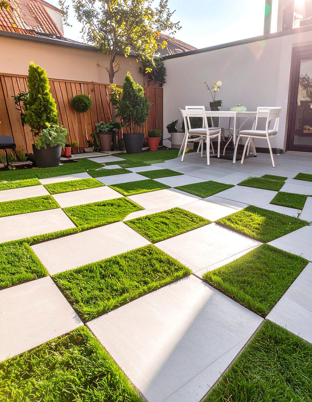 Checkerboard Paver Patio with Grass - 30 small paver patio ideas
