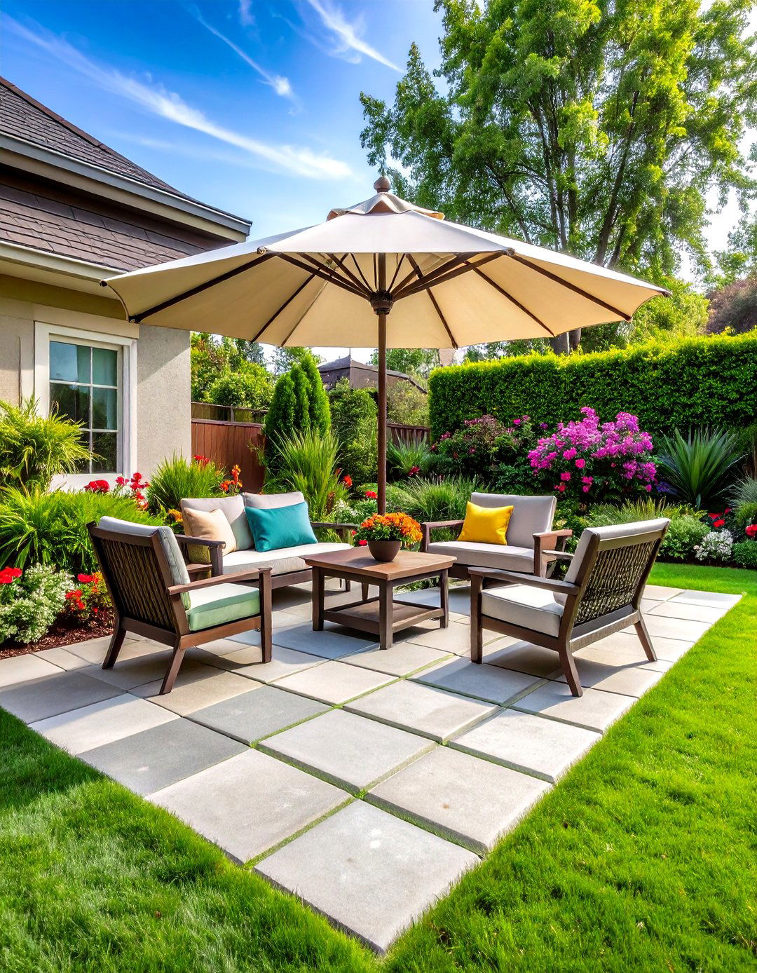 Checkerboard Paver and Grass Patio - 30 diy cheap patio paver ideas