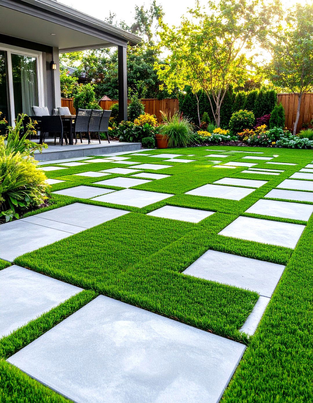 Checkerboard Paver and Grass Patio - 30 paver patio ideas on a budget