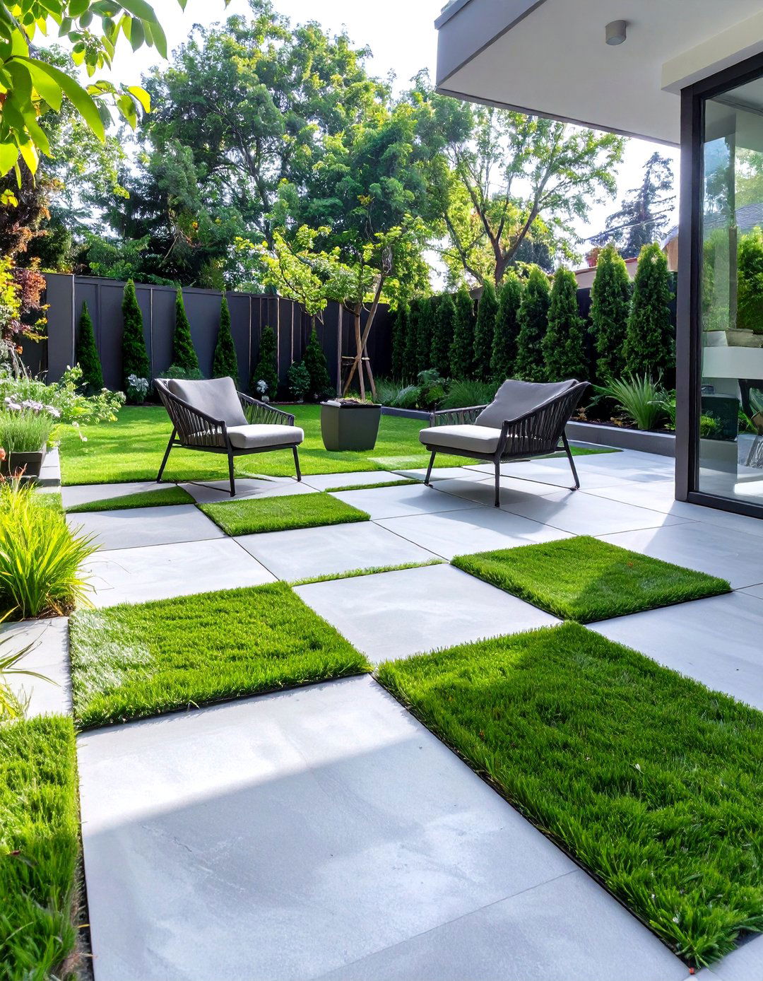 Checkerboard Paver and Grass Patio - 30 small backyard landscape ideas