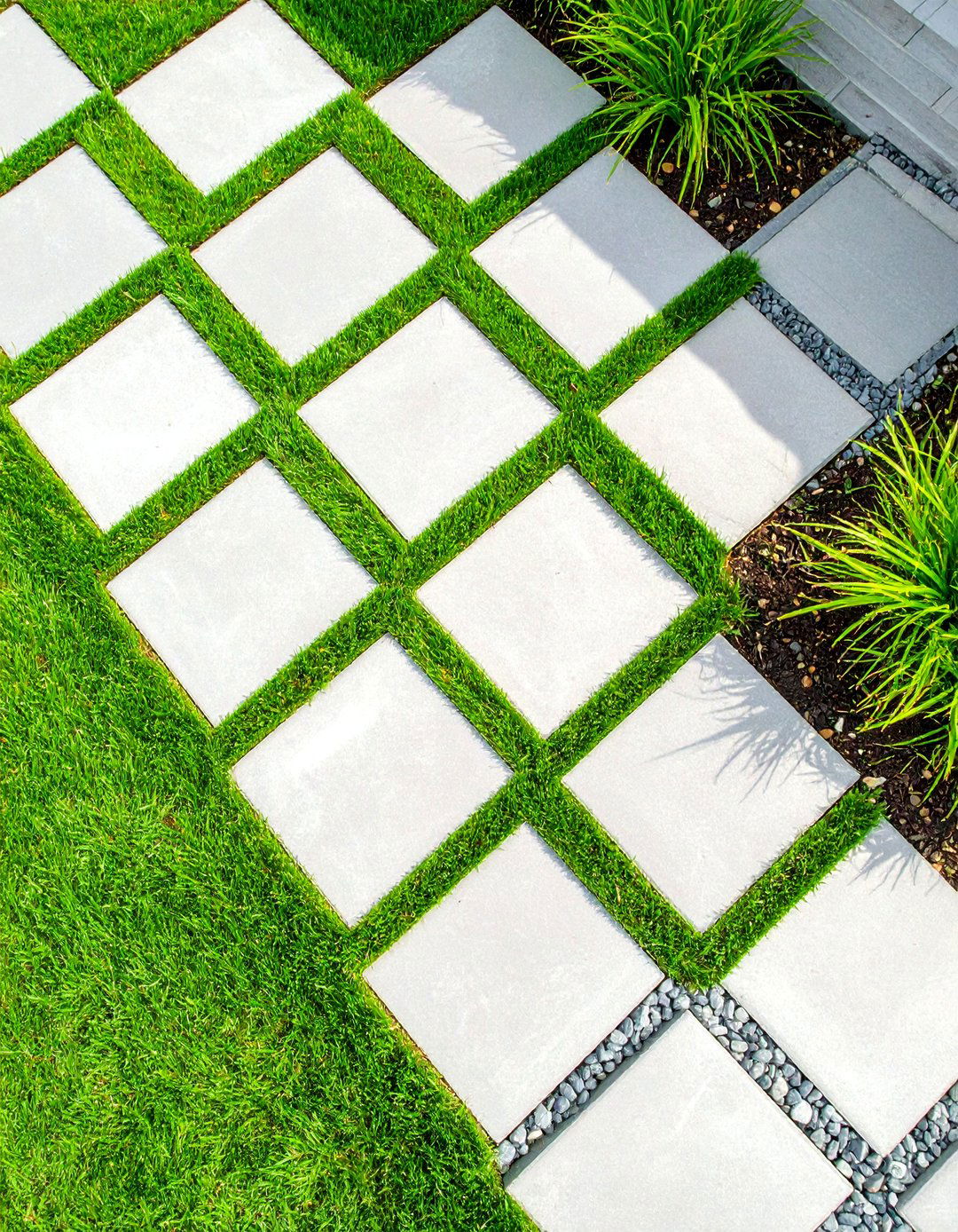 Checkerboard Paver and Grass Patio - 30 small cheap patio paver ideas