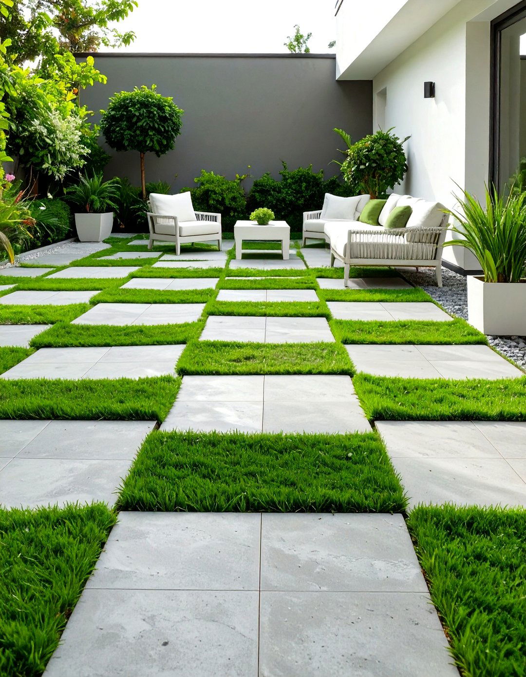 Checkerboard Paver and Grass Patio - 30 cheap patio floor ideas