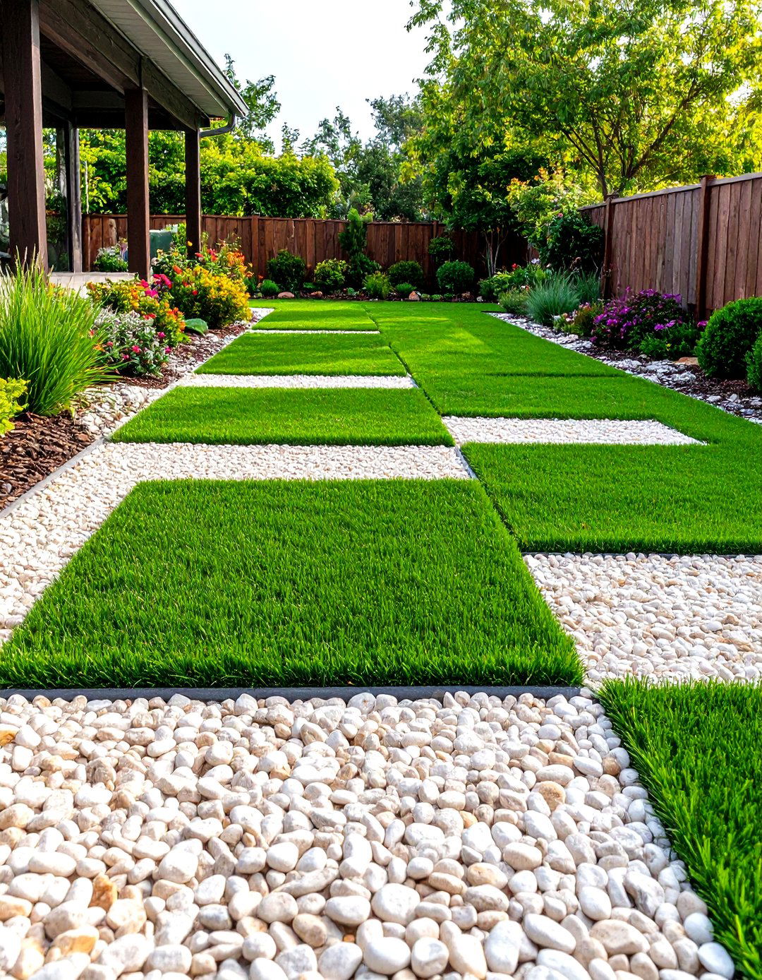 Checkerboard Pea Gravel and Grass Patio - 30 pea gravel patio ideas