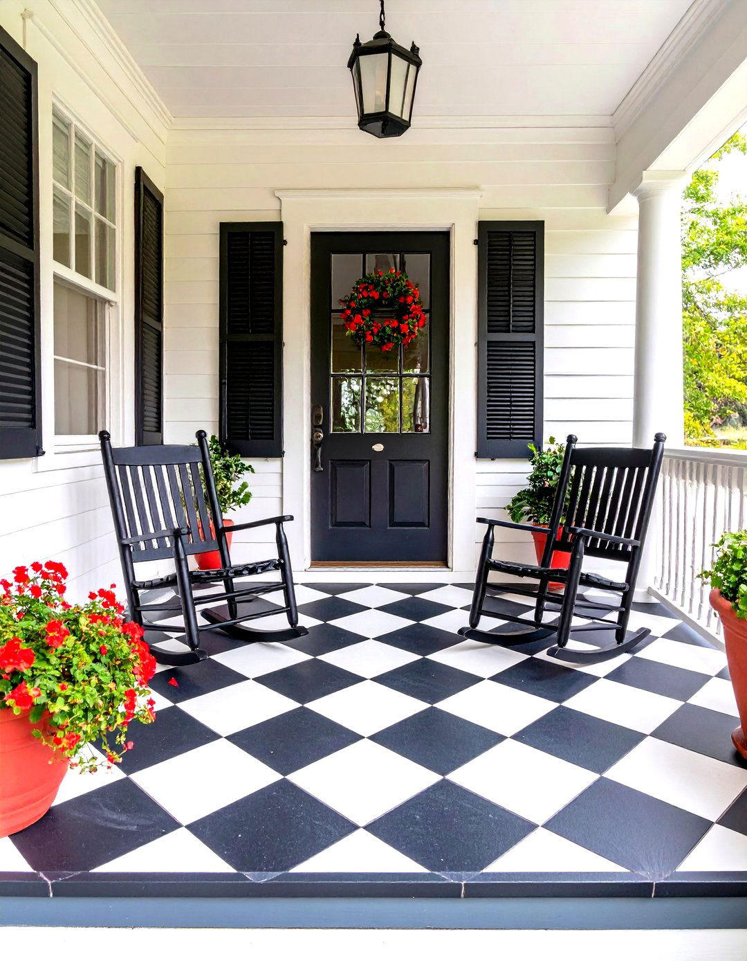 Cheerful Checkered Pattern Flooring - 30 front porch flooring ideas