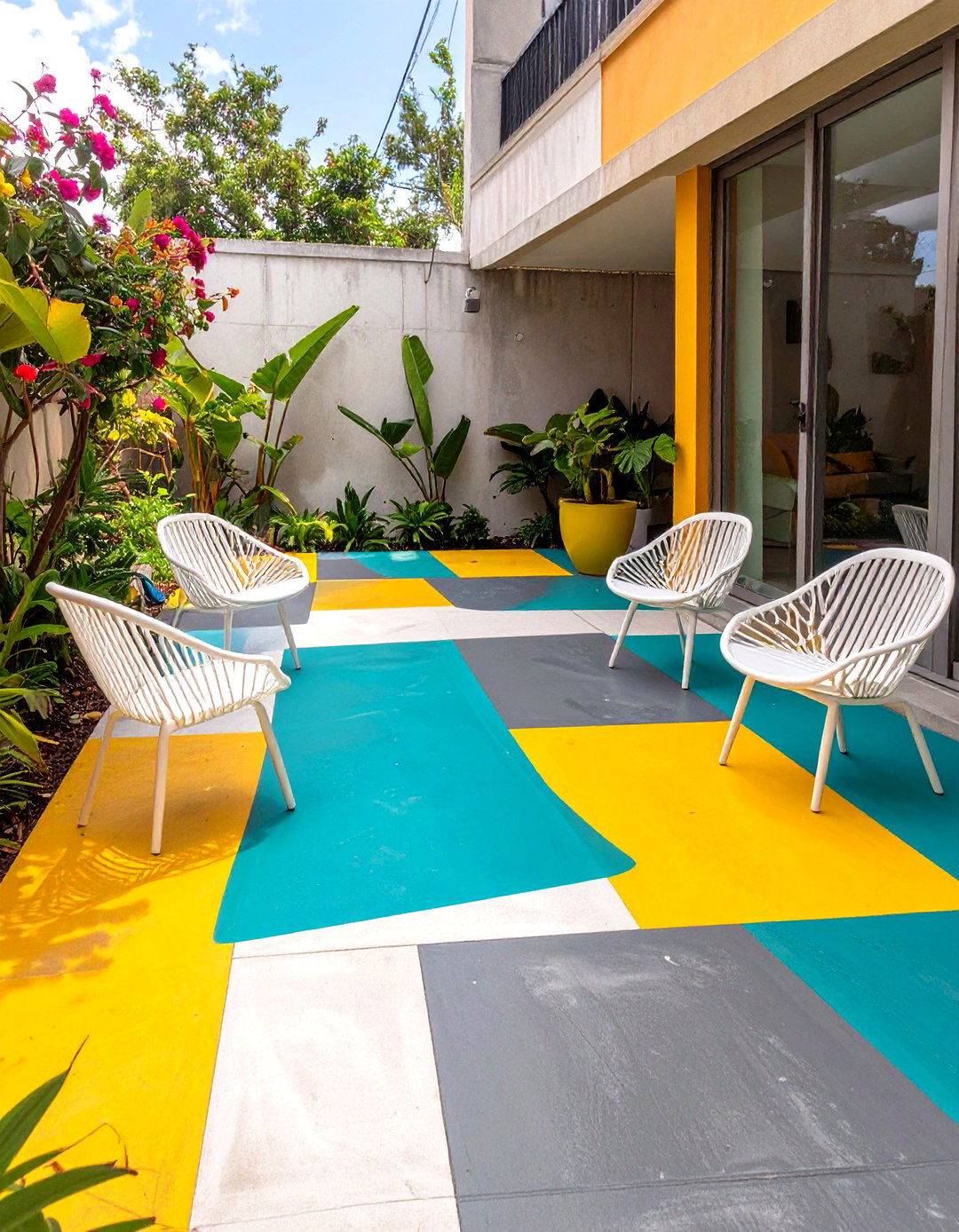 Cheerful Color Blocked Concrete Design - 30 concrete patio ideas on a budget