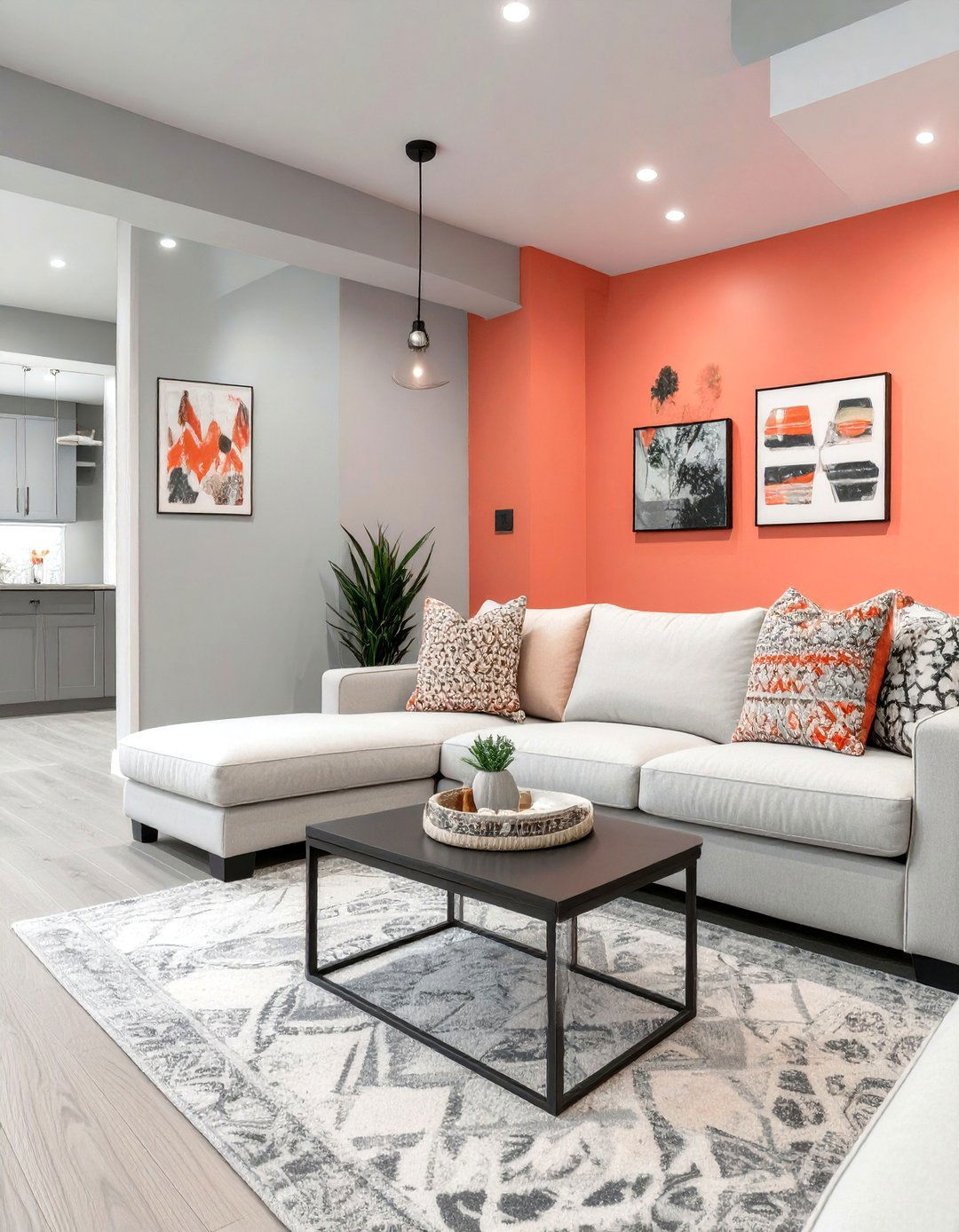 Cheerful Coral and Light Gray Basement - 30 modern basement color ideas decorating