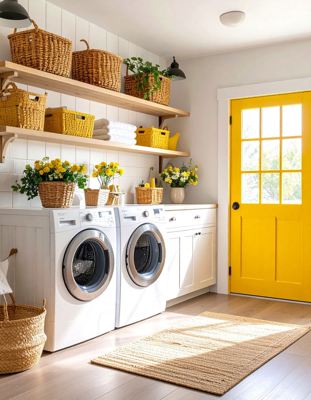 Cheerful Farmhouse Laundry Room with Yellow Accents - 30 farmhouse laundry room ideas