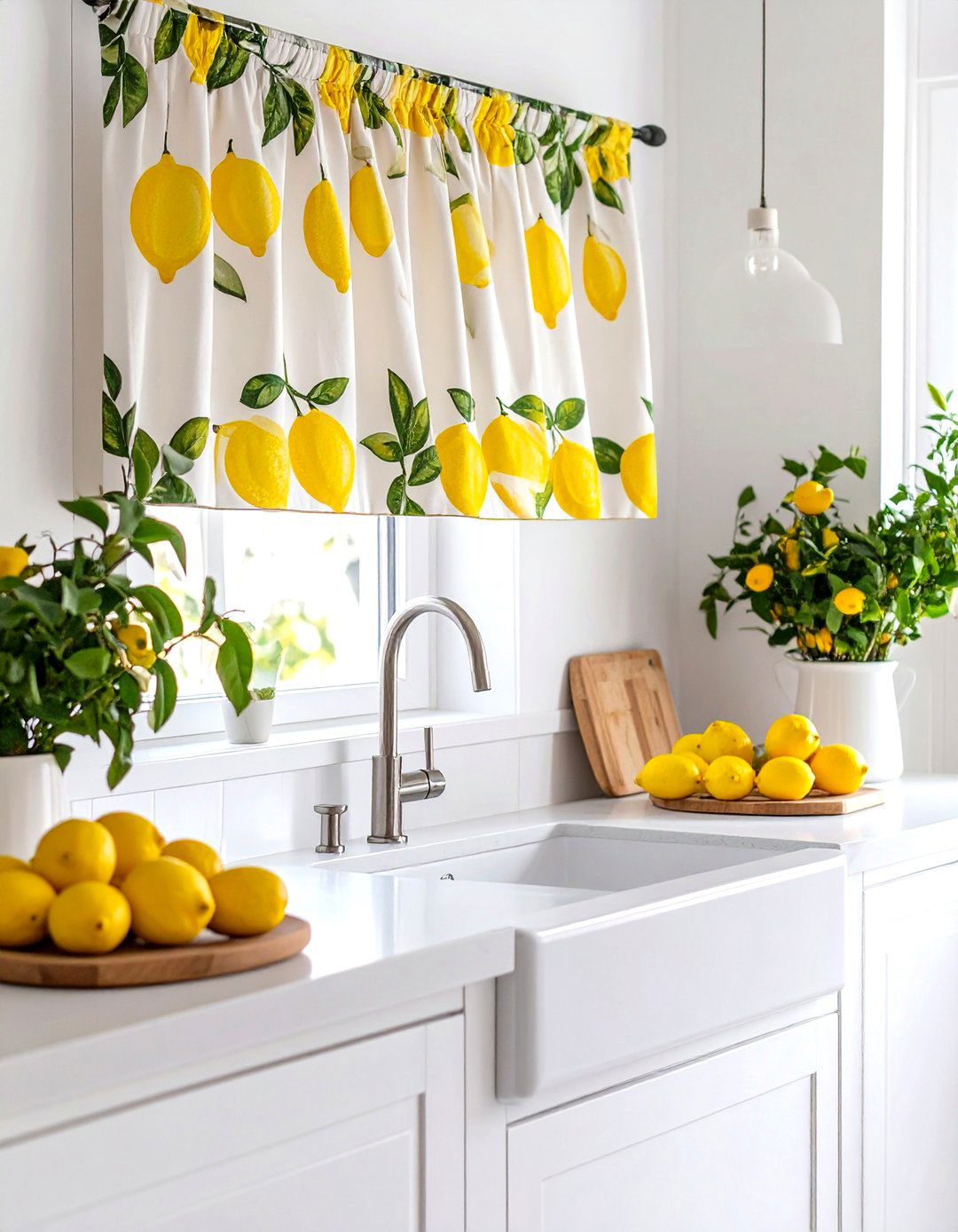 Cheerful Kitchen with a Lemon Print Valance - 30 kitchen curtain ideas above sink