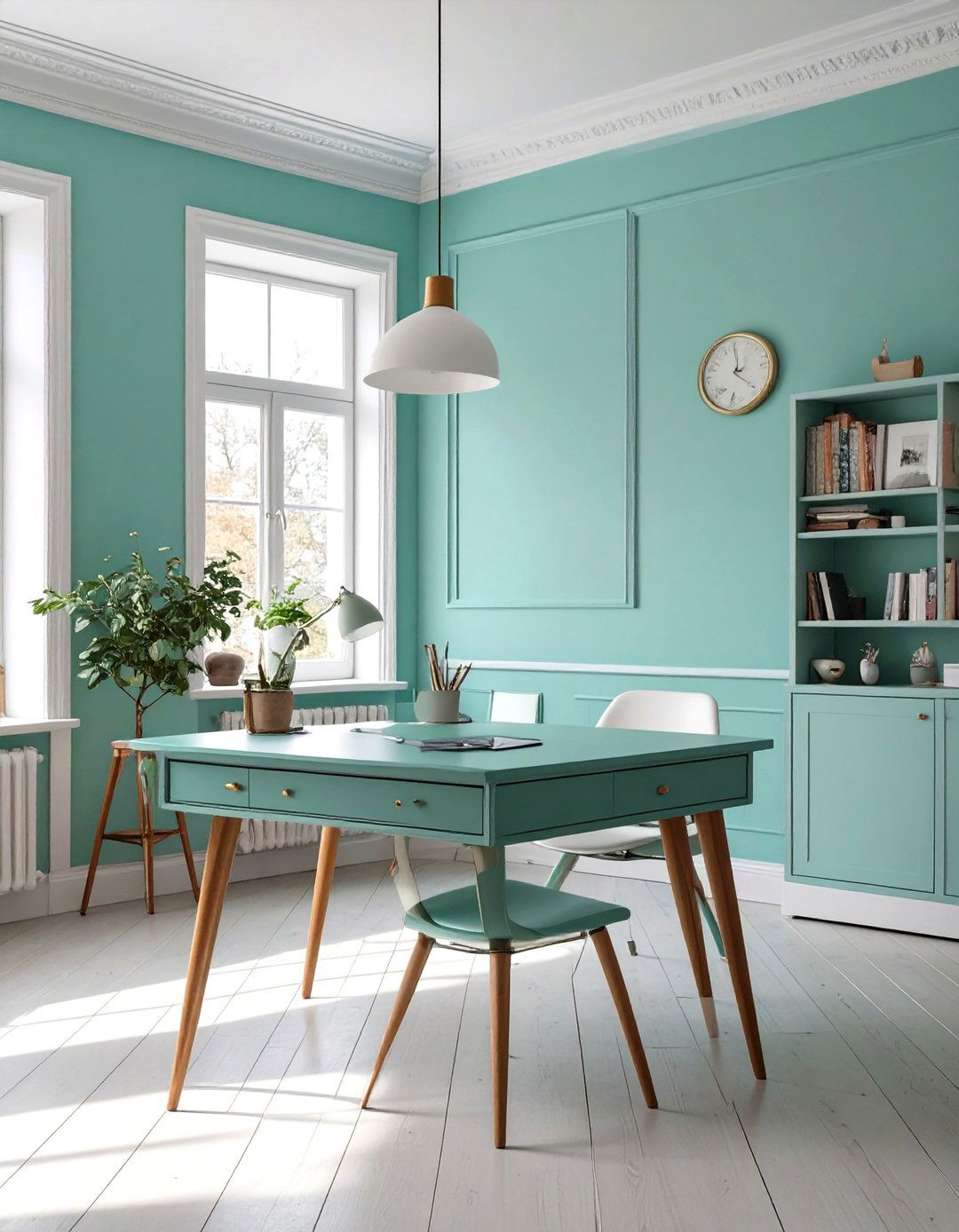 Cheerful Mint Green and White Retro Office - 30 office color ideas