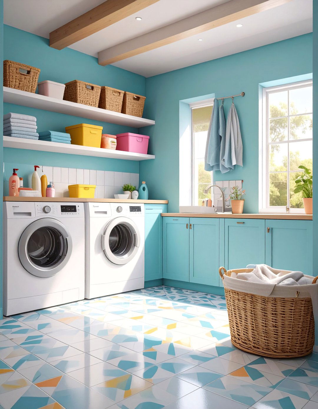 Cheerful and Colorful Basement Laundry Room - 30 concrete basement laundry room ideas