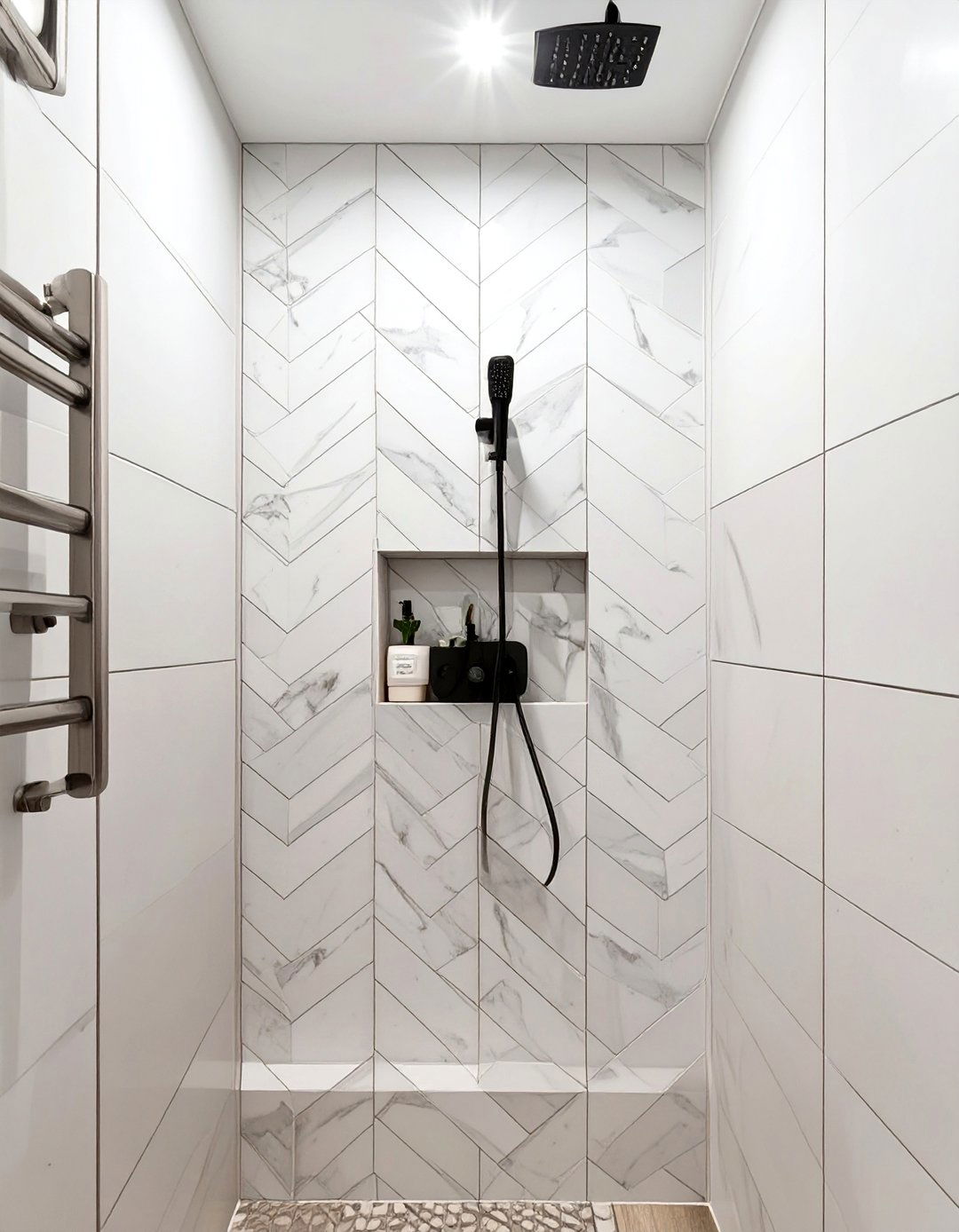 Chevron Pattern Shower Niche - 30 bathroom tile ideas for small bathrooms
