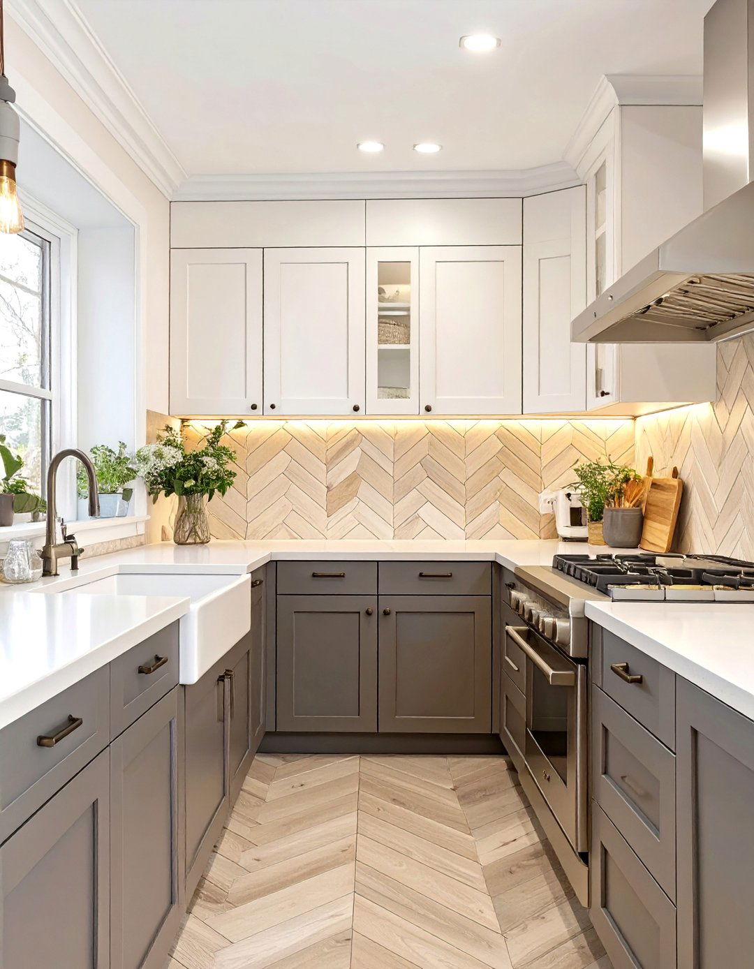 Chevron Pattern with Wood Look Tile - 30 backsplash ideas for dark cabinets and light countertops