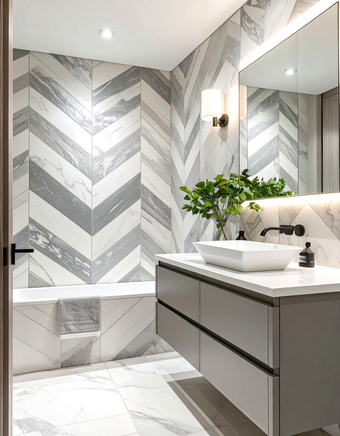 Chevron Patterned Tile Wall - 30 bathroom accent wall ideas