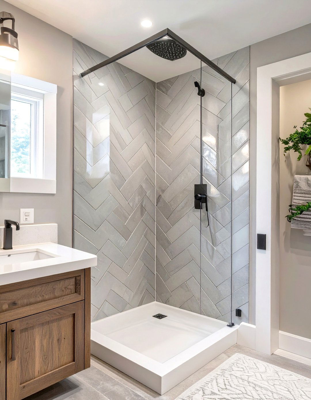 Chevron Tile Pattern Shower - 30 corner shower ideas