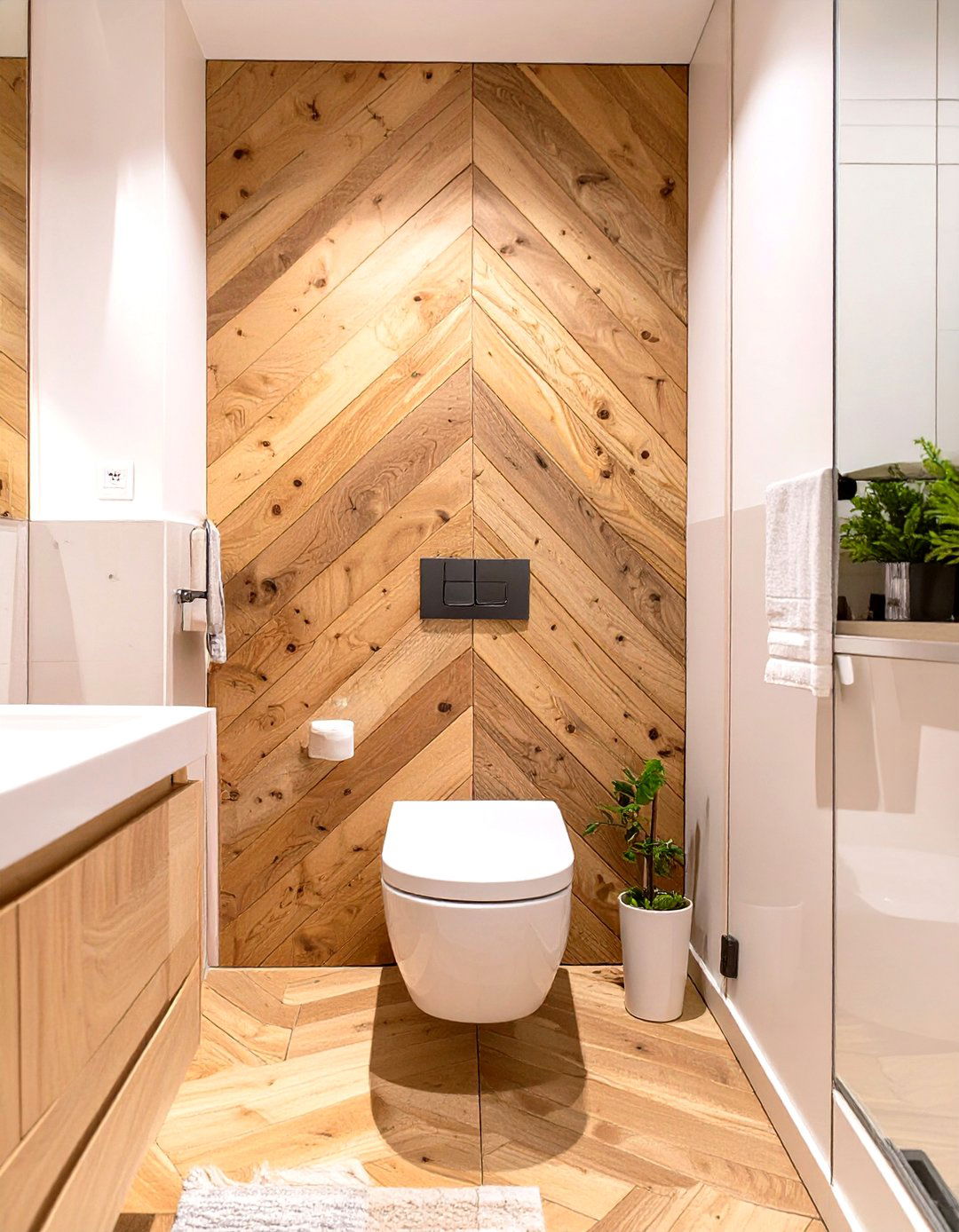 Chevron Wood Plank Accent Wall - 30 small bathroom accent wall ideas