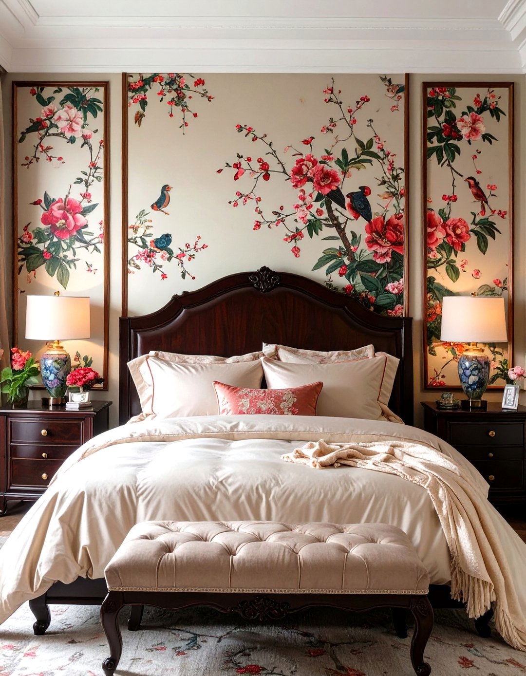 Chinoiserie Panels for an Elegant Bedroom - 30 how to use wallpaper in interior design ideas